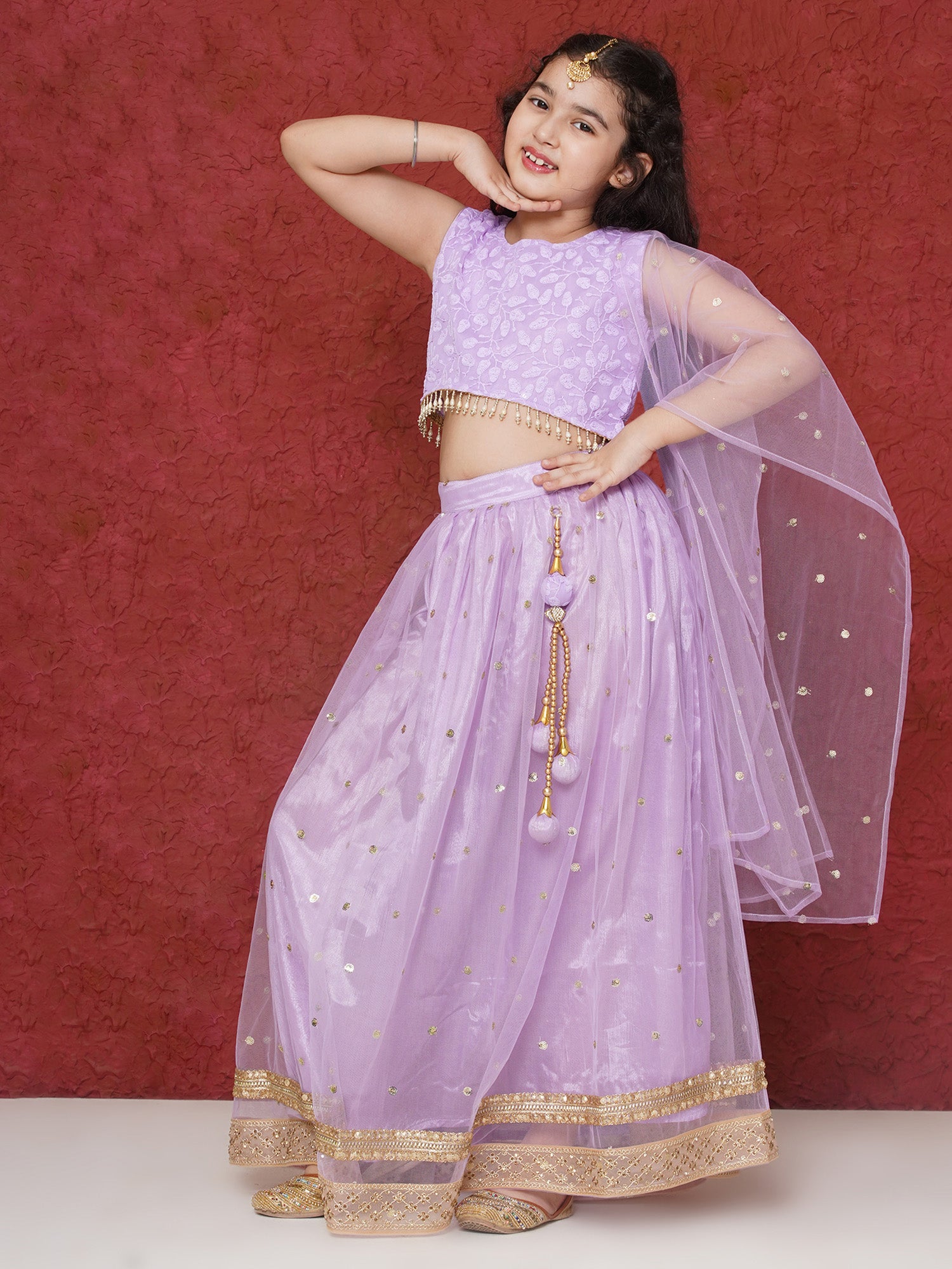 Lavender Schiffli Sleeveless Sequence Lehenga Choli For Girls