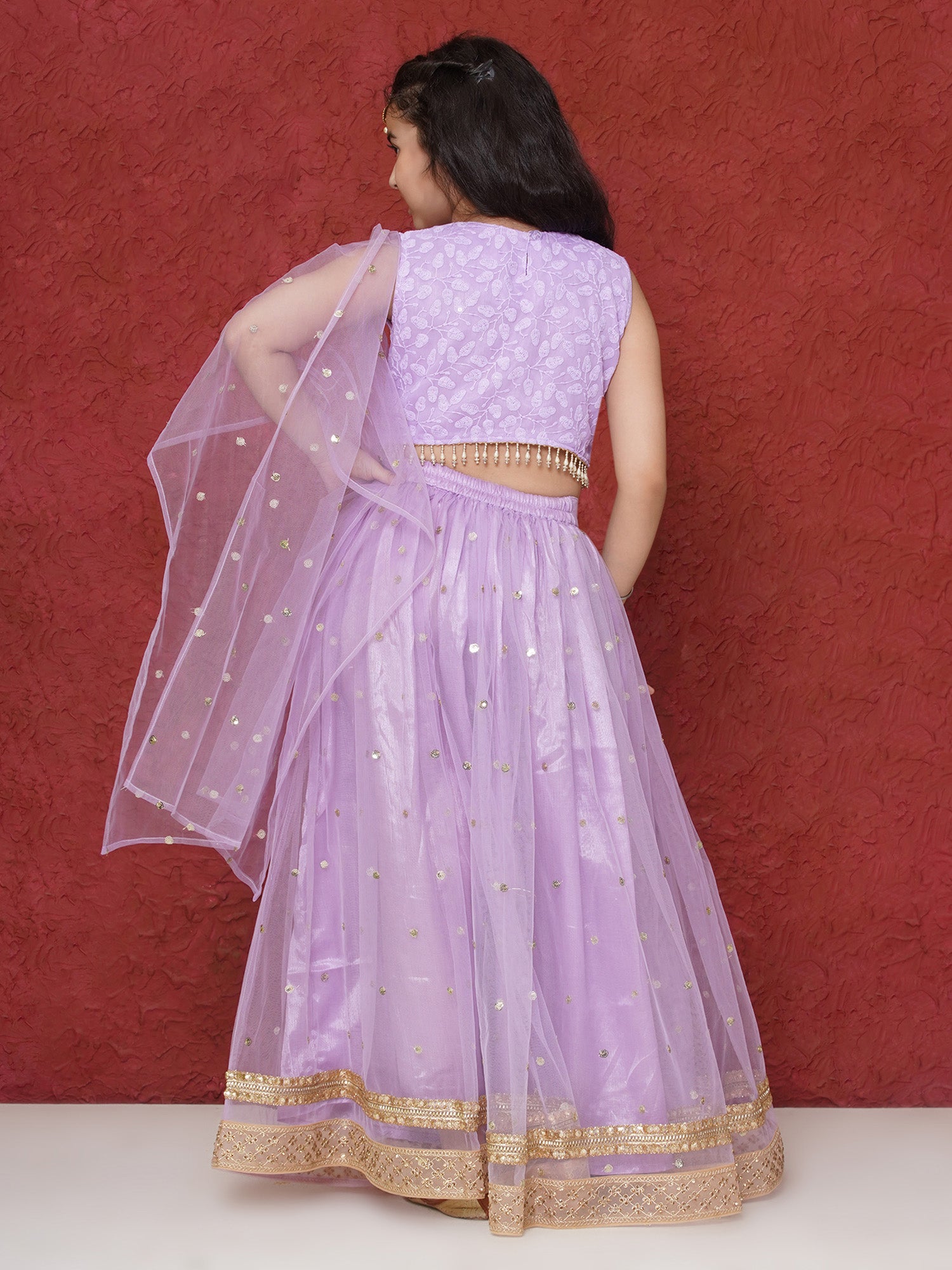 Lavender Schiffli Sleeveless Sequence Lehenga Choli For Girls