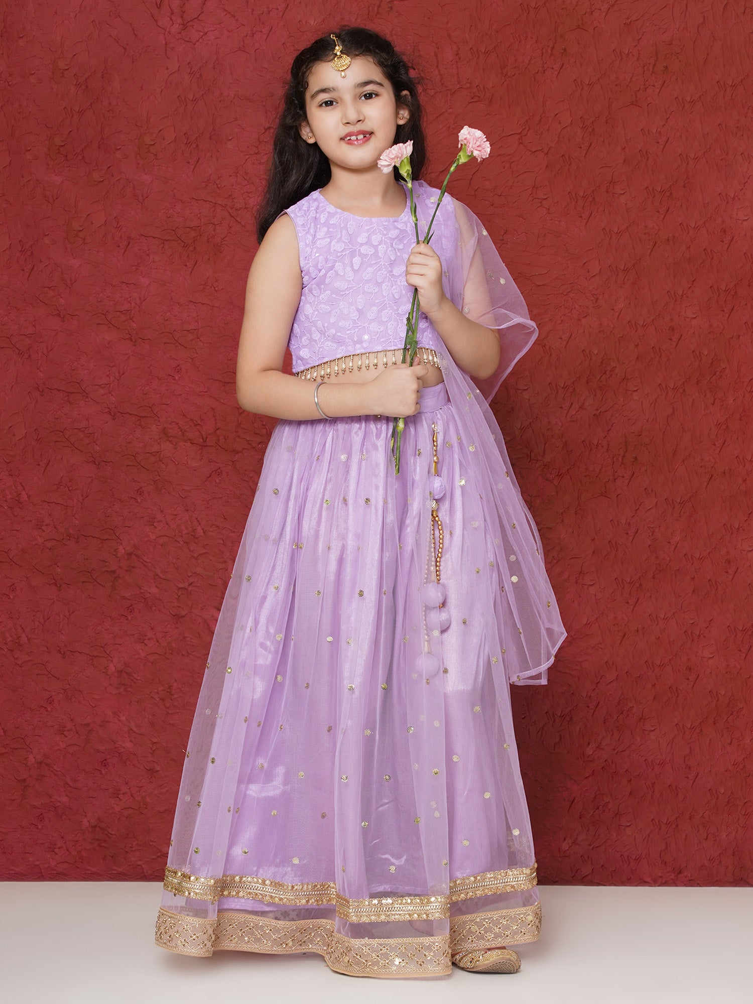Lavender Schiffli Sleeveless Sequence Lehenga Choli For Girls