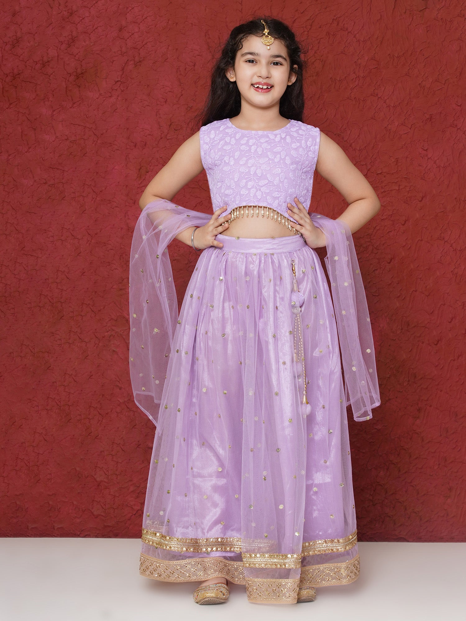 Lavender Schiffli Sleeveless Sequence Lehenga Choli For Girls