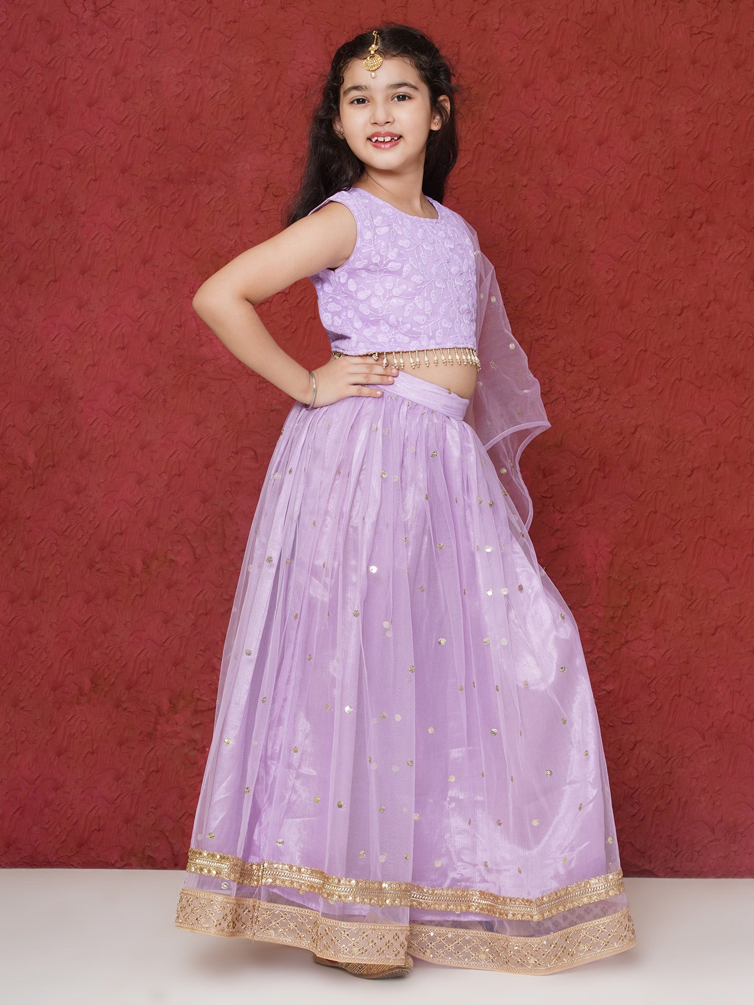 Lavender Schiffli Sleeveless Sequence Lehenga Choli For Girls
