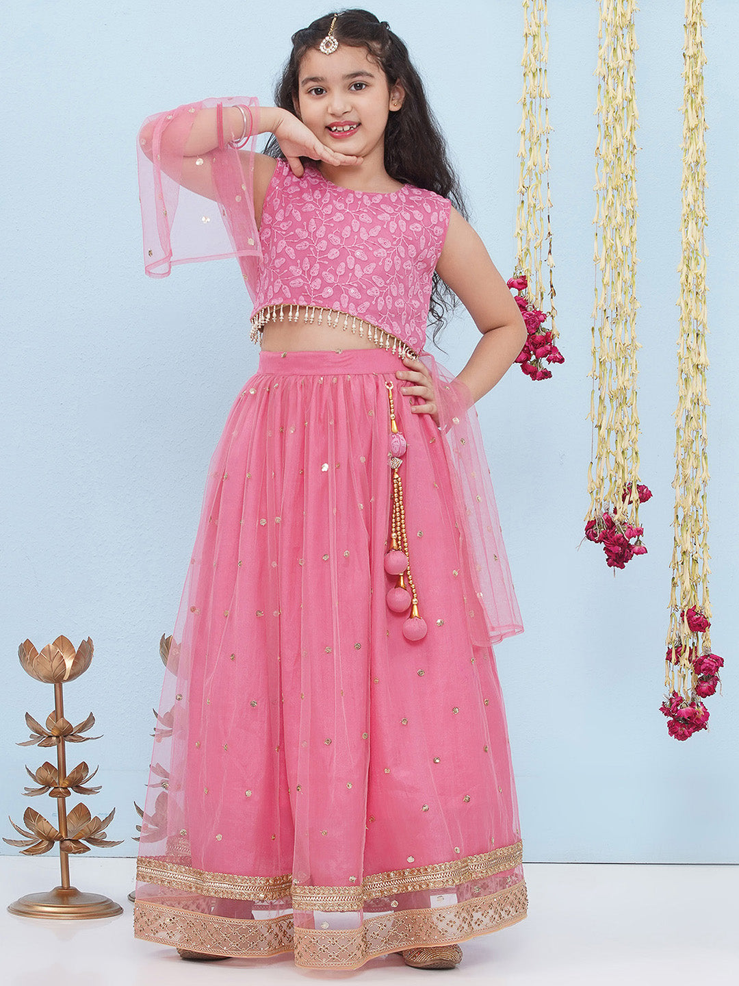 PINK Schiffli Sleeveless Sequence Lehenga Choli for Girls