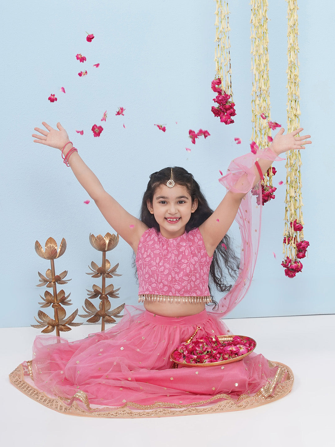 PINK Schiffli Sleeveless Sequence Lehenga Choli for Girls