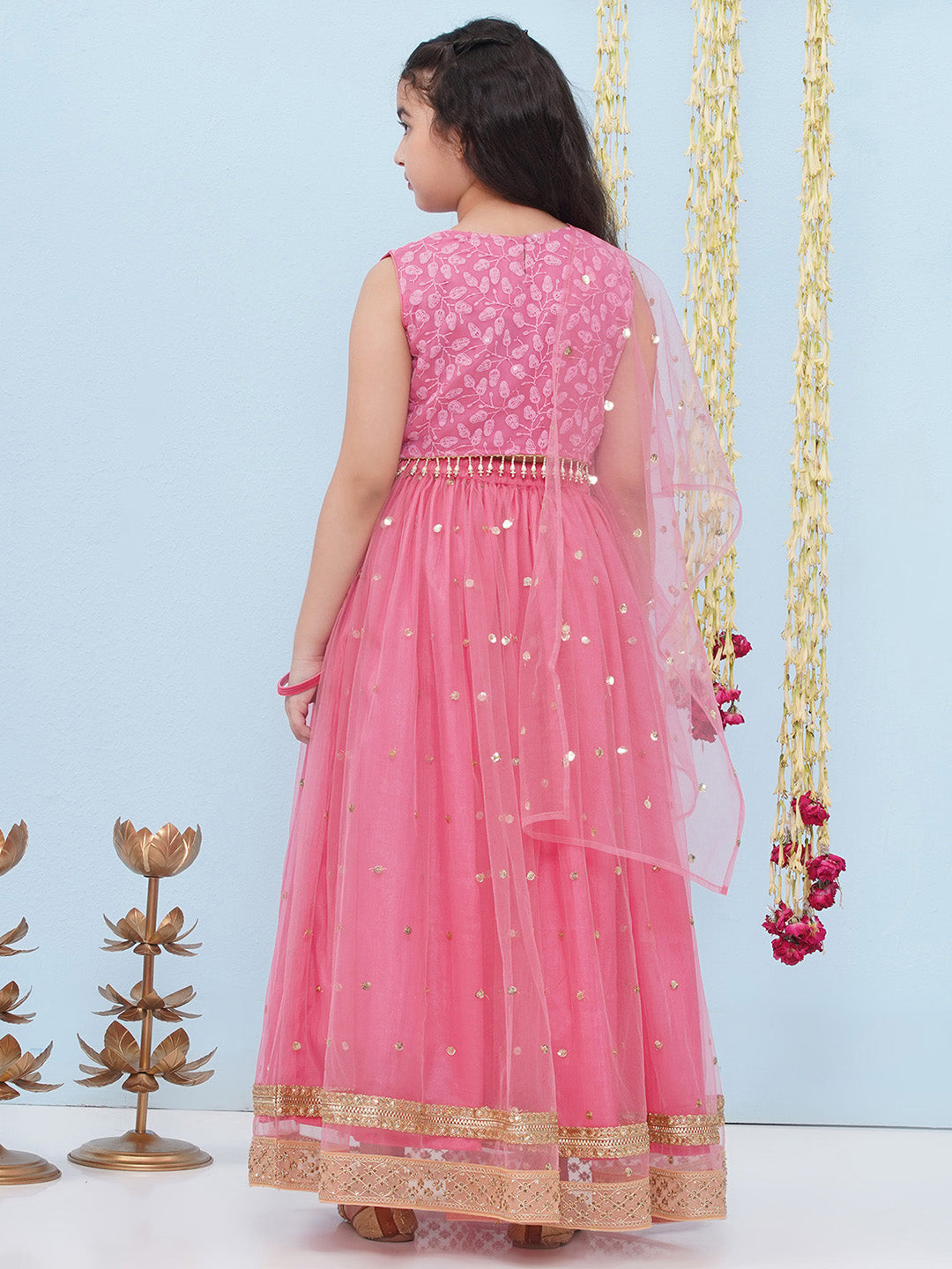 PINK Schiffli Sleeveless Sequence Lehenga Choli for Girls