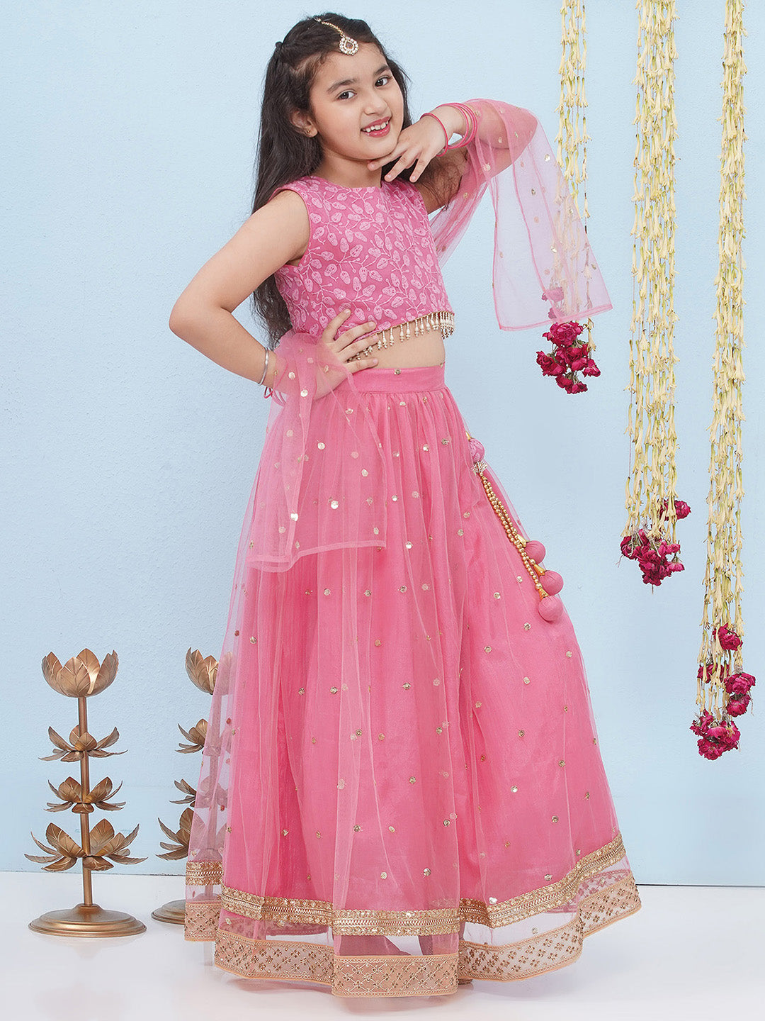 PINK Schiffli Sleeveless Sequence Lehenga Choli for Girls