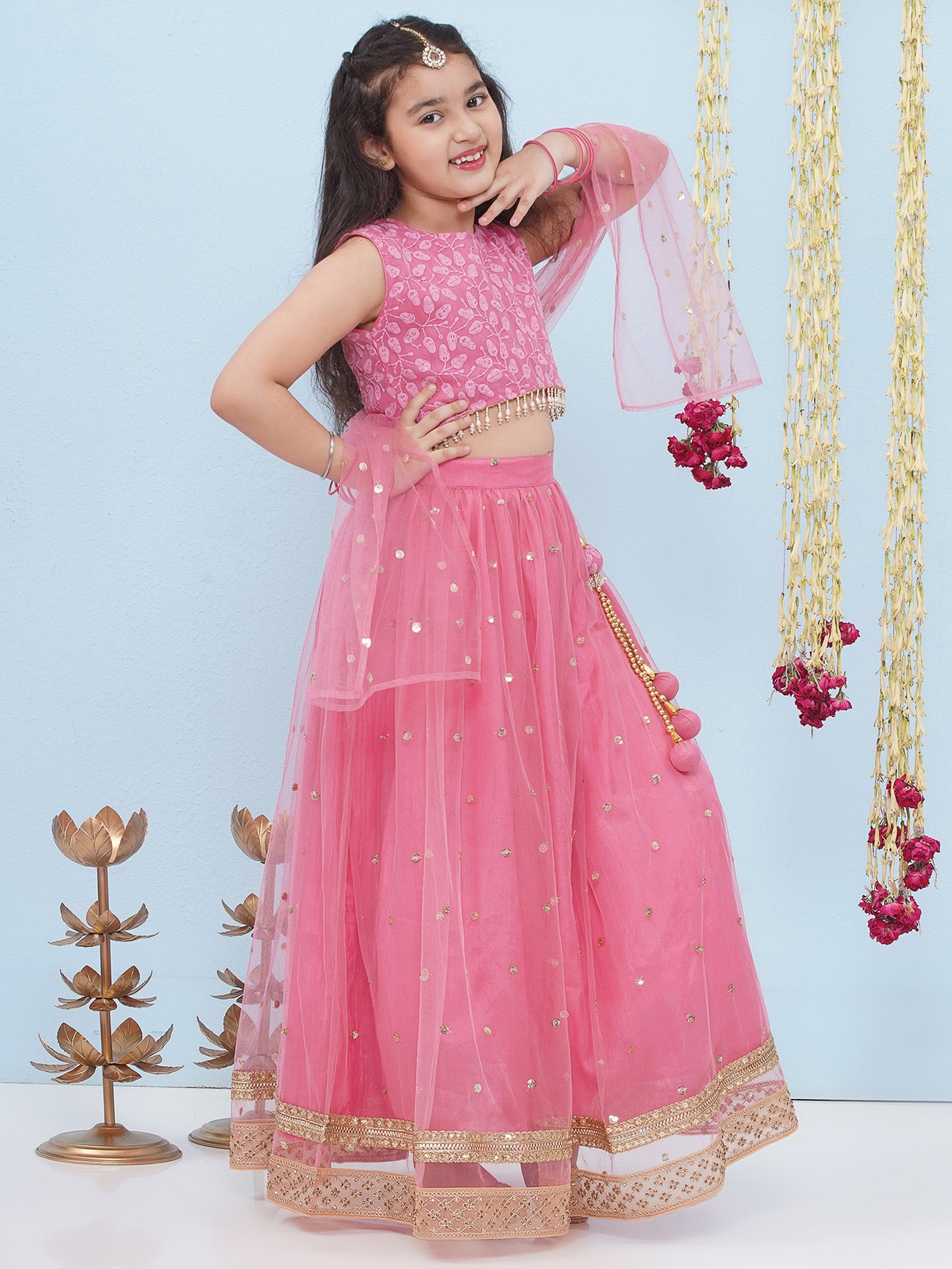 Pink Schiffli Sleeveless Sequence Lehenga Choli For Girls - AJ Dezines