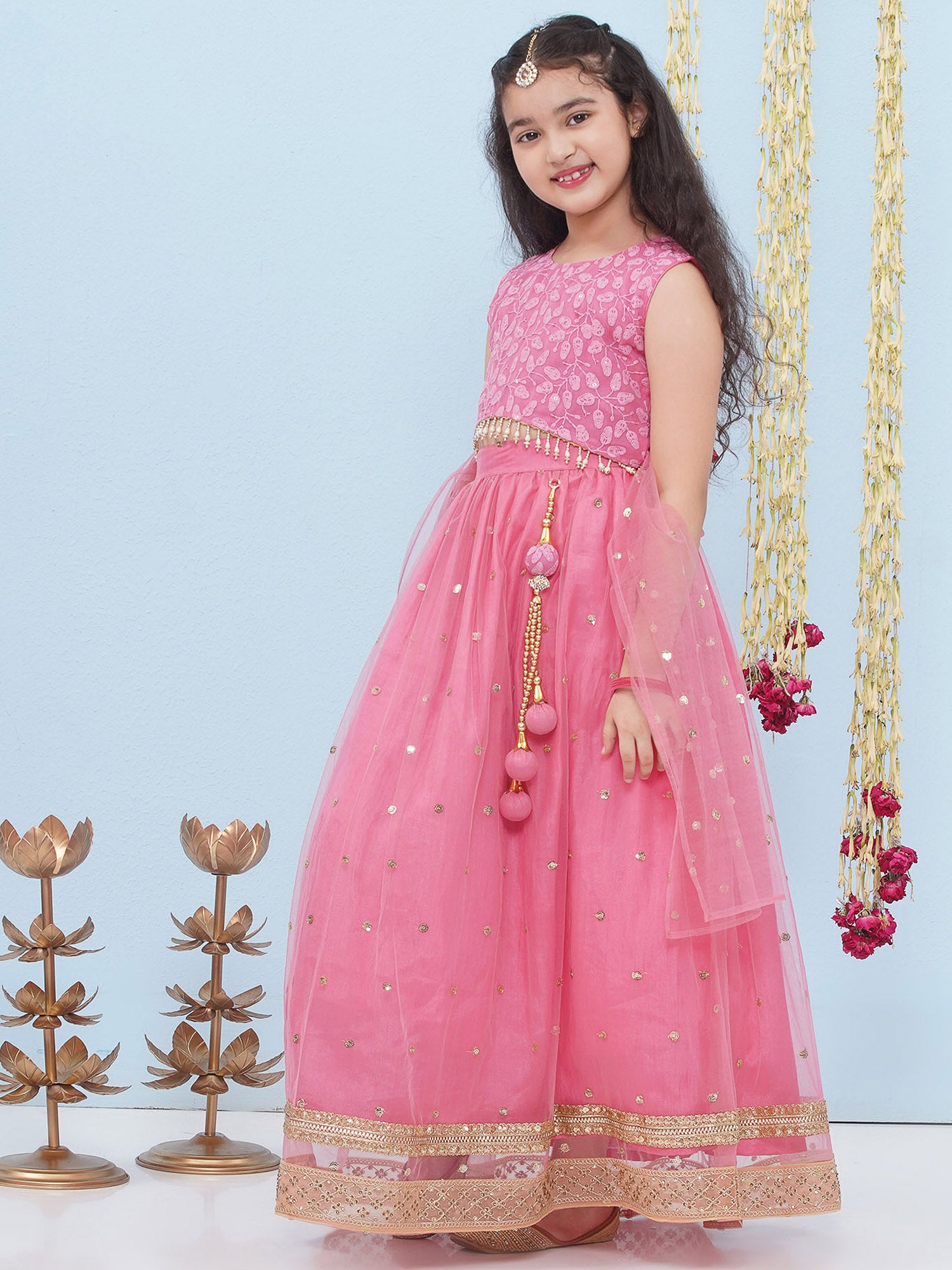 Pink Schiffli Sleeveless Sequence Lehenga Choli For Girls - AJ Dezines