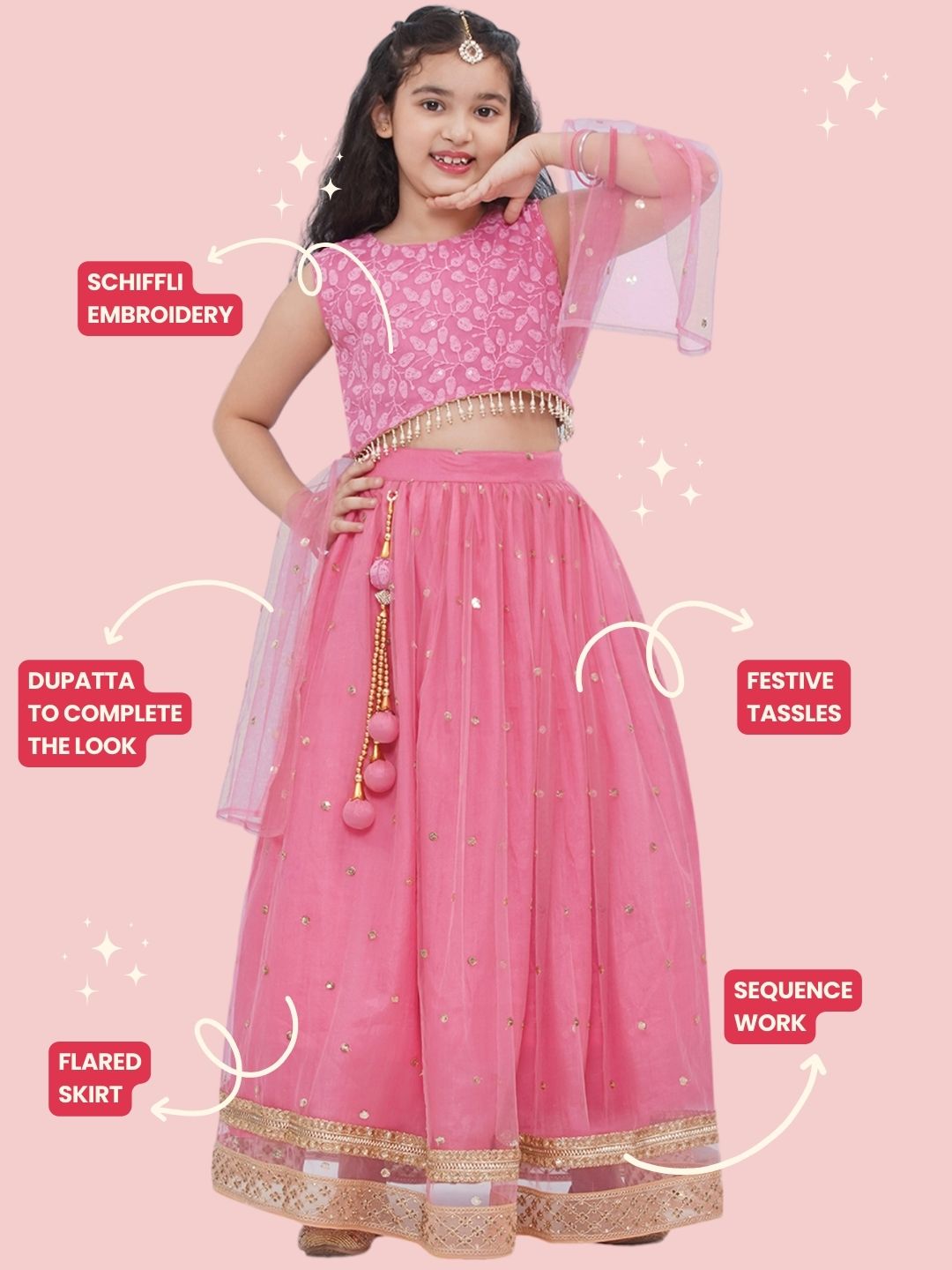 PINK Schiffli Sleeveless Sequence Lehenga Choli for Girls