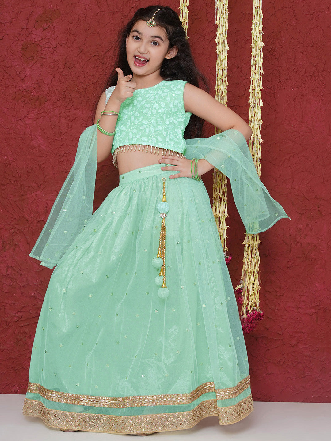 Aj Dezines Pista Schiffli Sleeveless Sequence Lehenga Choli For Girls