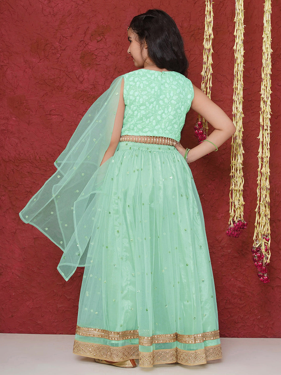 Pista Schiffli Sleeveless Sequence Lehenga Choli For Girls - AJ Dezines