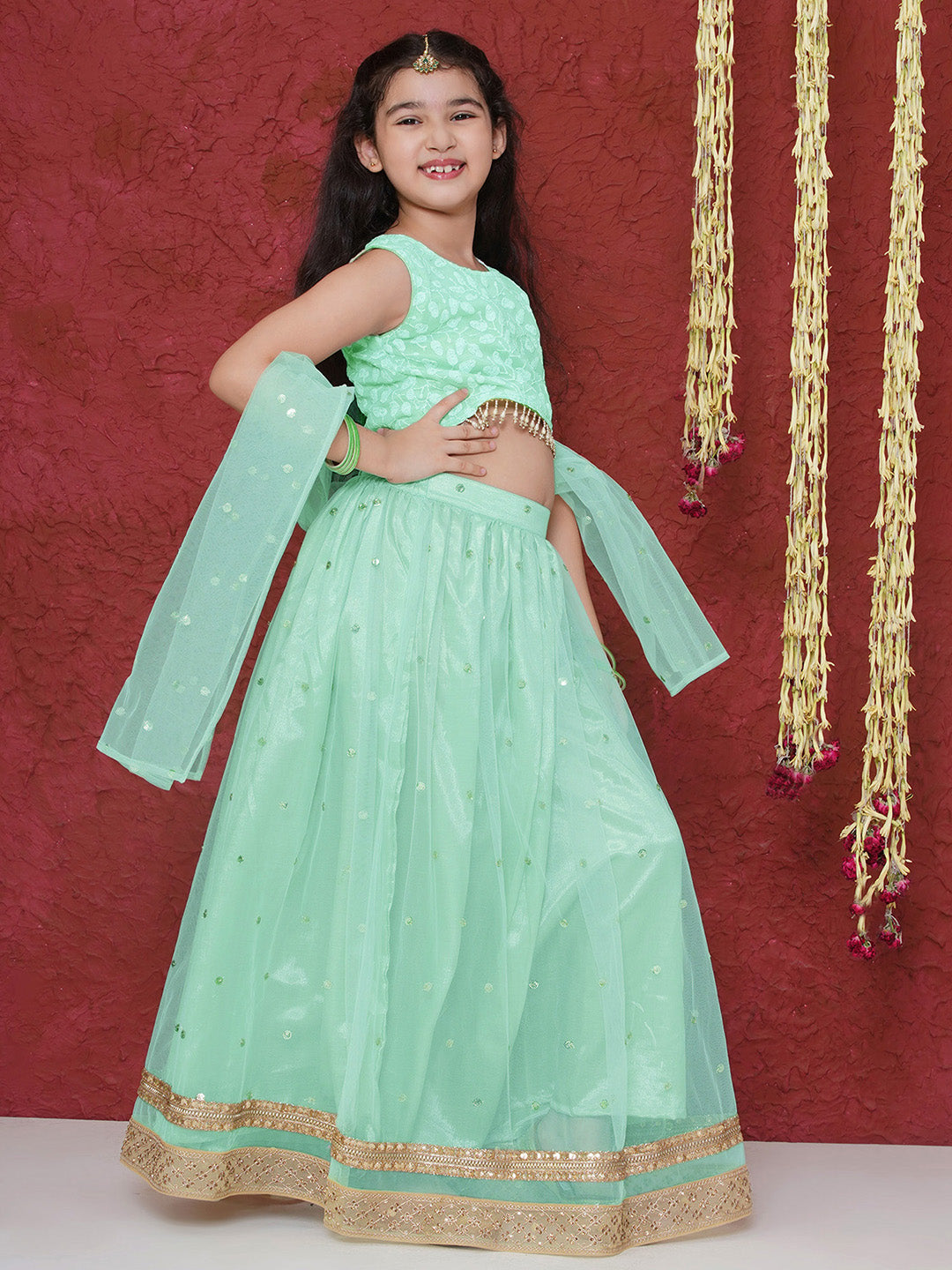 Aj Dezines Pista Schiffli Sleeveless Sequence Lehenga Choli For Girls