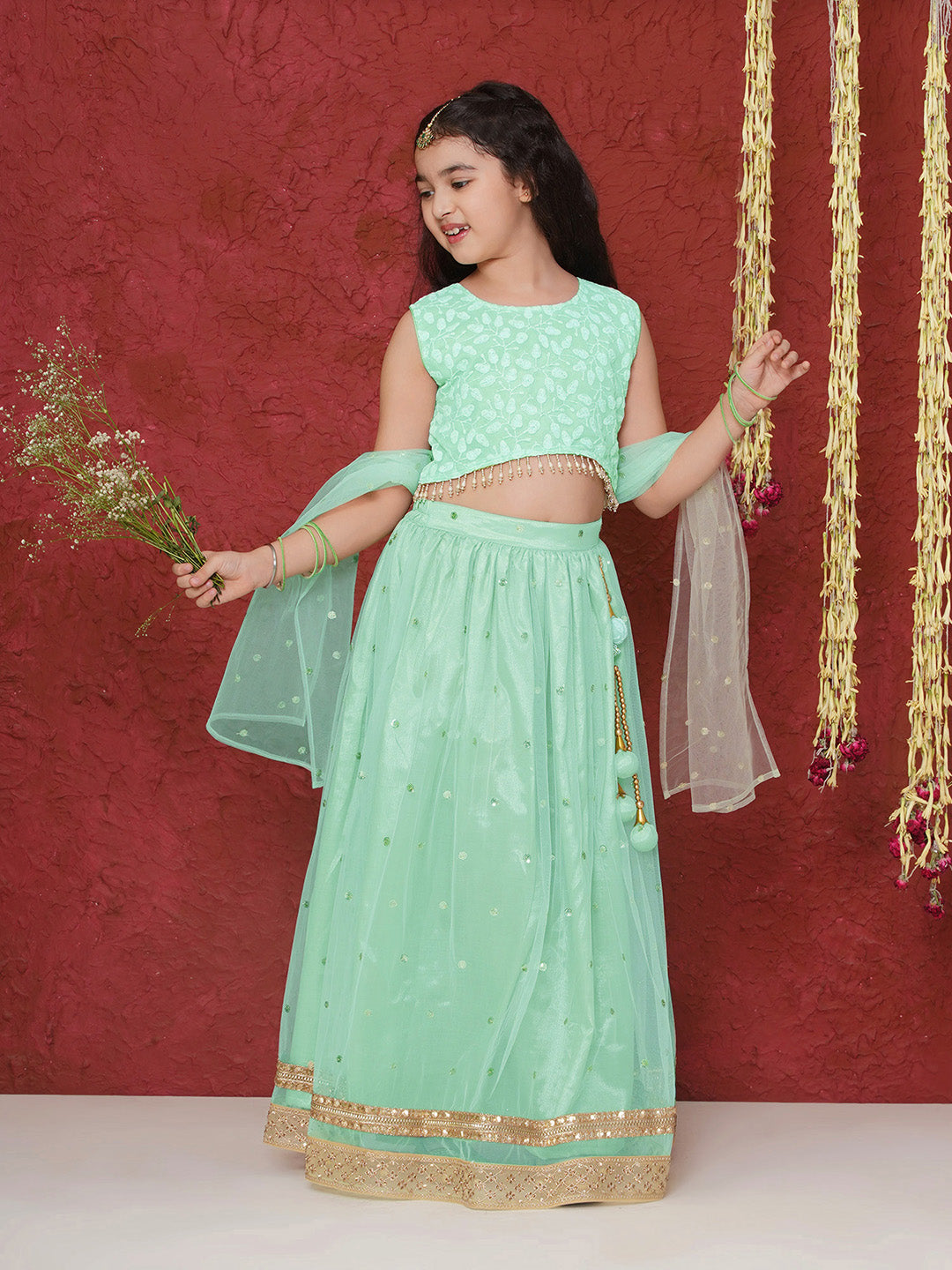 Aj Dezines Pista Schiffli Sleeveless Sequence Lehenga Choli For Girls