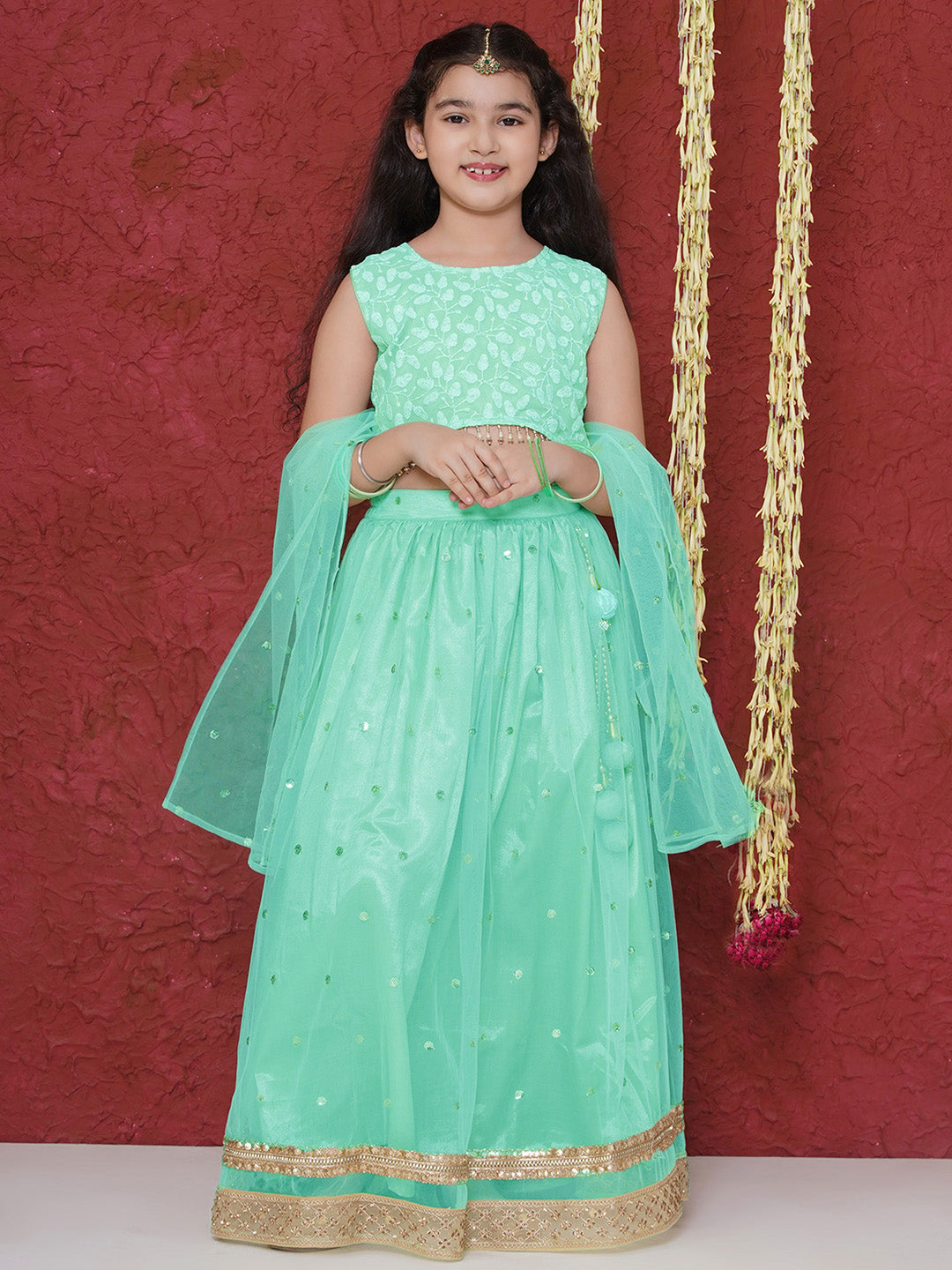 Aj Dezines Pista Schiffli Sleeveless Sequence Lehenga Choli For Girls