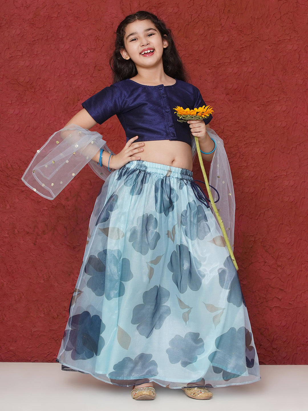 DARK BLUE Organza Half Sleeves Floral Print Lehenga Choli for Girls