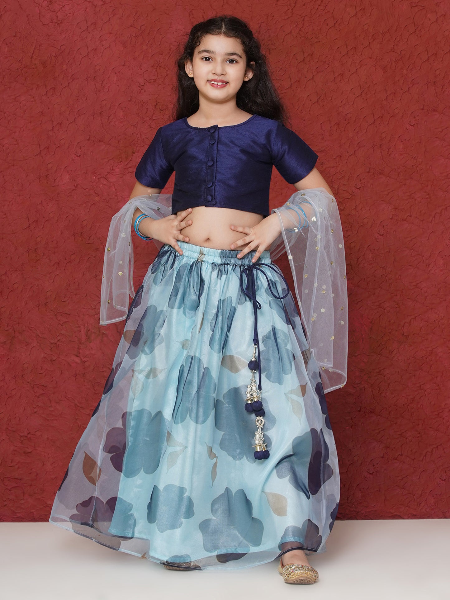 Aj Dezines Dark Blue Organza Half Sleeves Floral Print Lehenga Choli For Girls