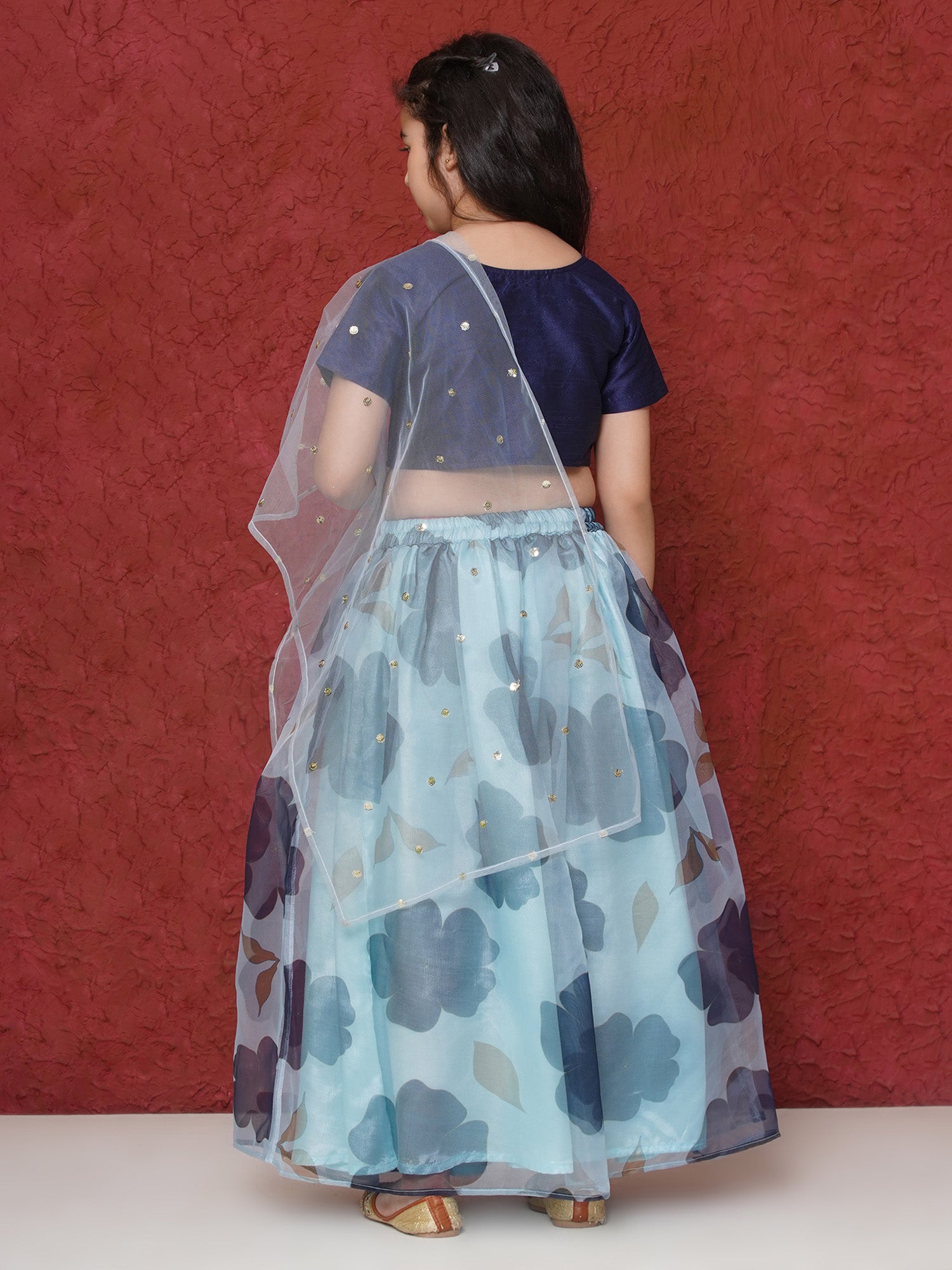 Dark Blue Organza Half Sleeves Floral Print Lehenga Choli For Girls - AJ Dezines