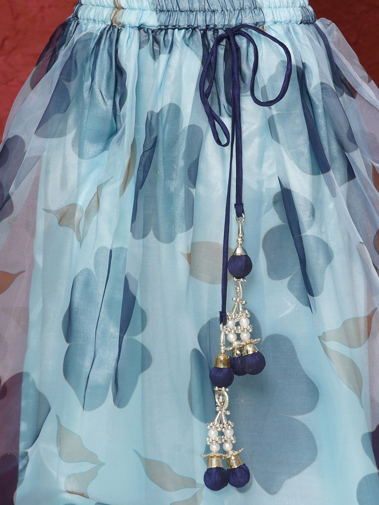 Aj Dezines Dark Blue Organza Half Sleeves Floral Print Lehenga Choli For Girls