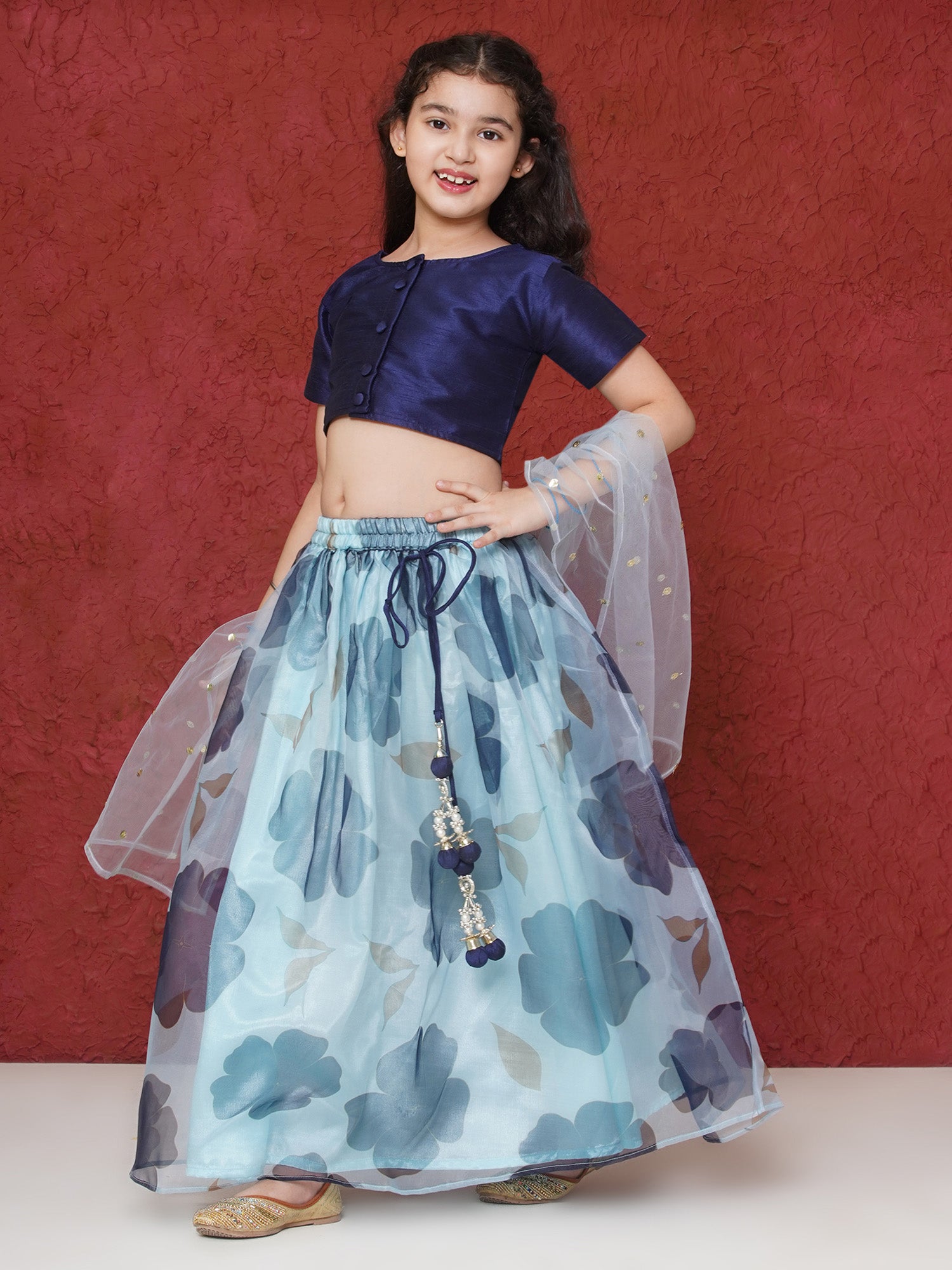 Dark Blue Organza Half Sleeves Floral Print Lehenga Choli For Girls - AJ Dezines