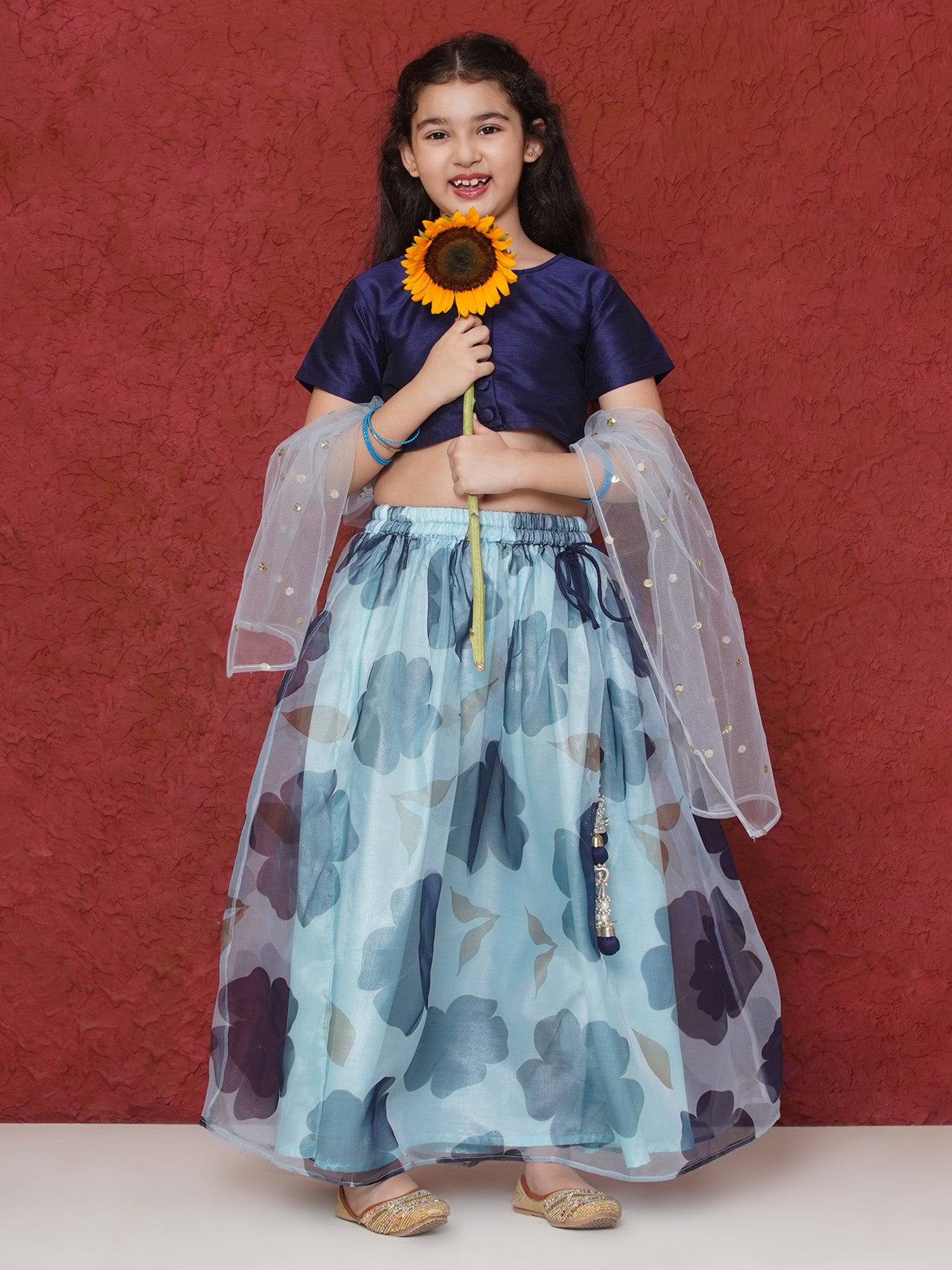 Dark Blue Organza Half Sleeves Floral Print Lehenga Choli For Girls - AJ Dezines