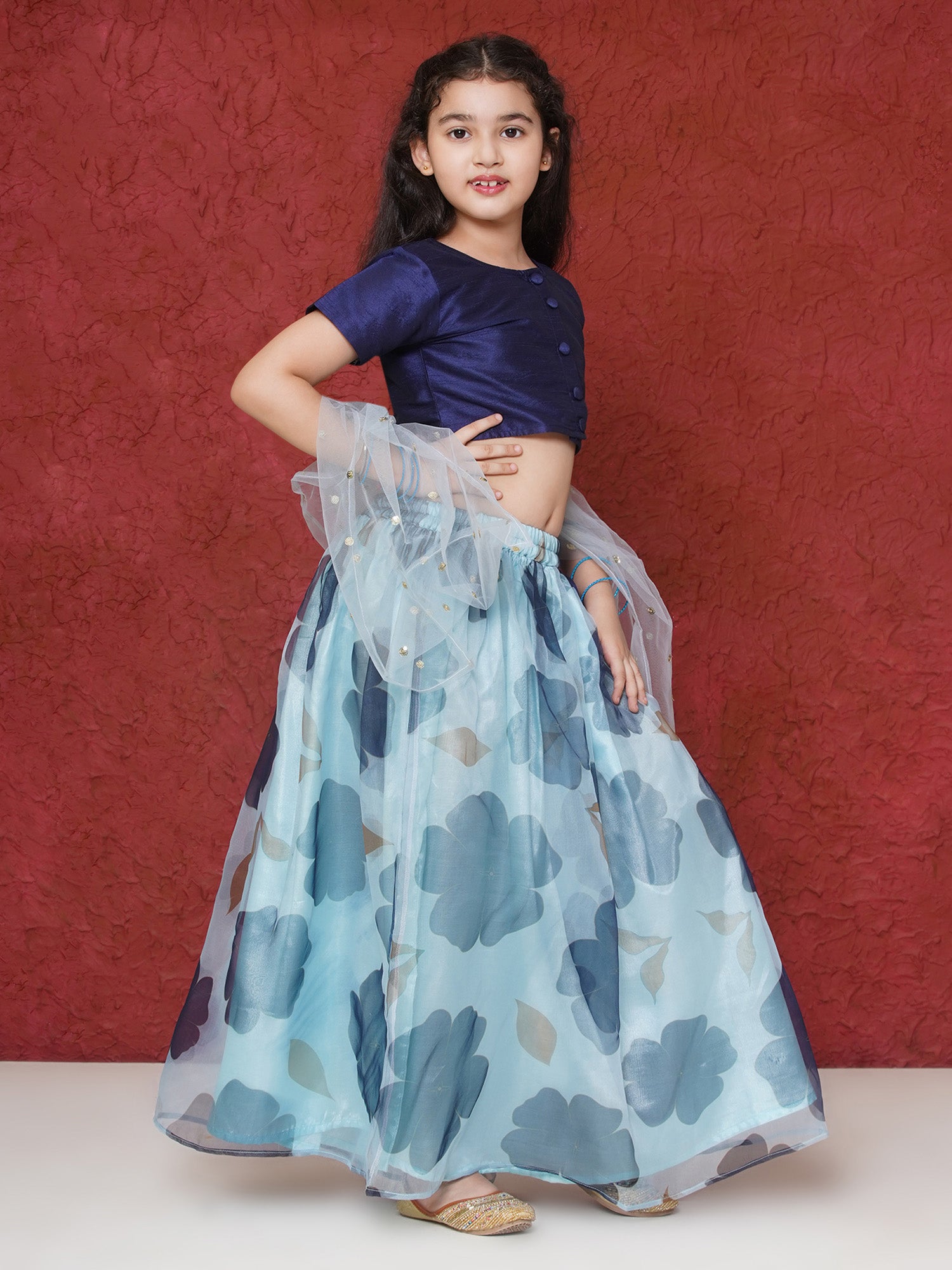 Dark Blue Organza Half Sleeves Floral Print Lehenga Choli For Girls - AJ Dezines