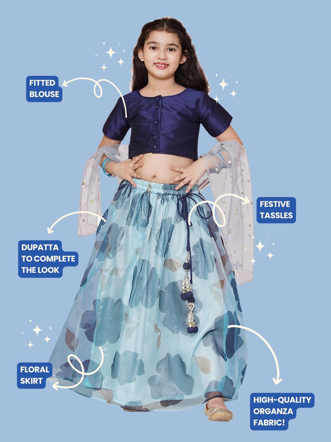 DARK BLUE Organza Half Sleeves Floral Print Lehenga Choli for Girls