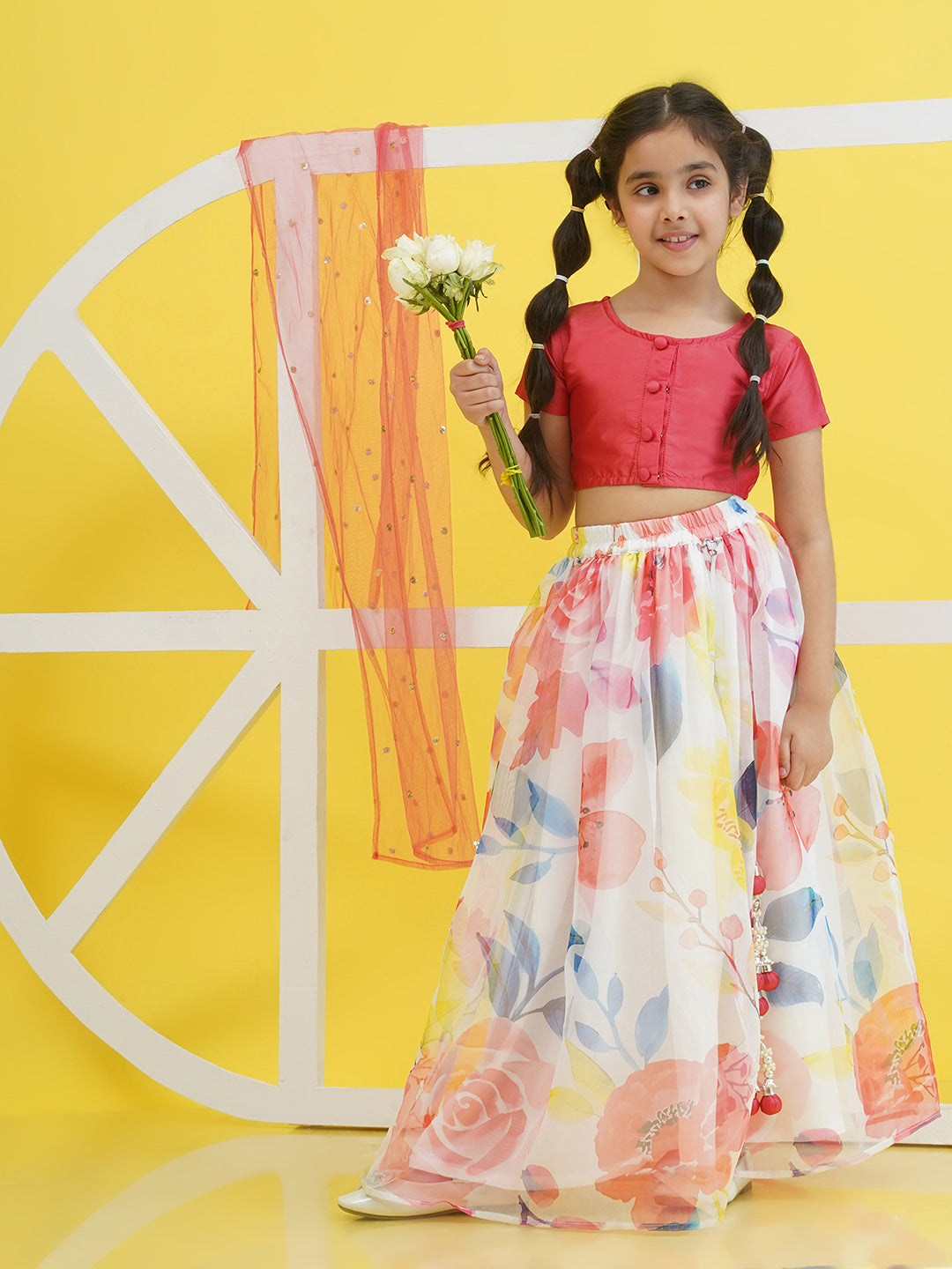 Pink Half Sleeves Floral Print Cotton Blend Lehenga Choli For Girls - AJ Dezines