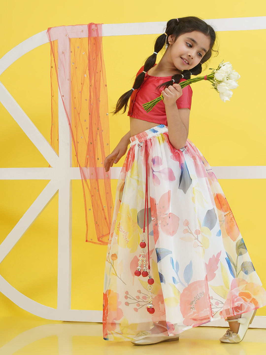 Pink Half Sleeves Floral Print Cotton Blend Lehenga Choli For Girls - AJ Dezines