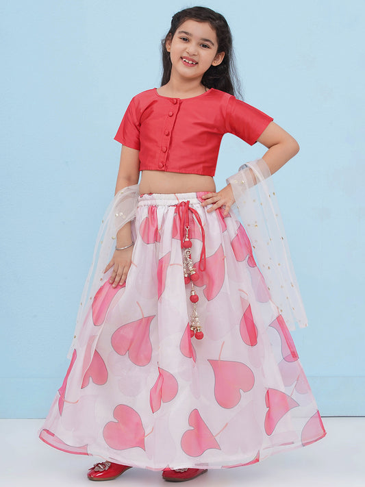 RED Organza Half Sleeves Floral Print Lehenga Choli for Girls