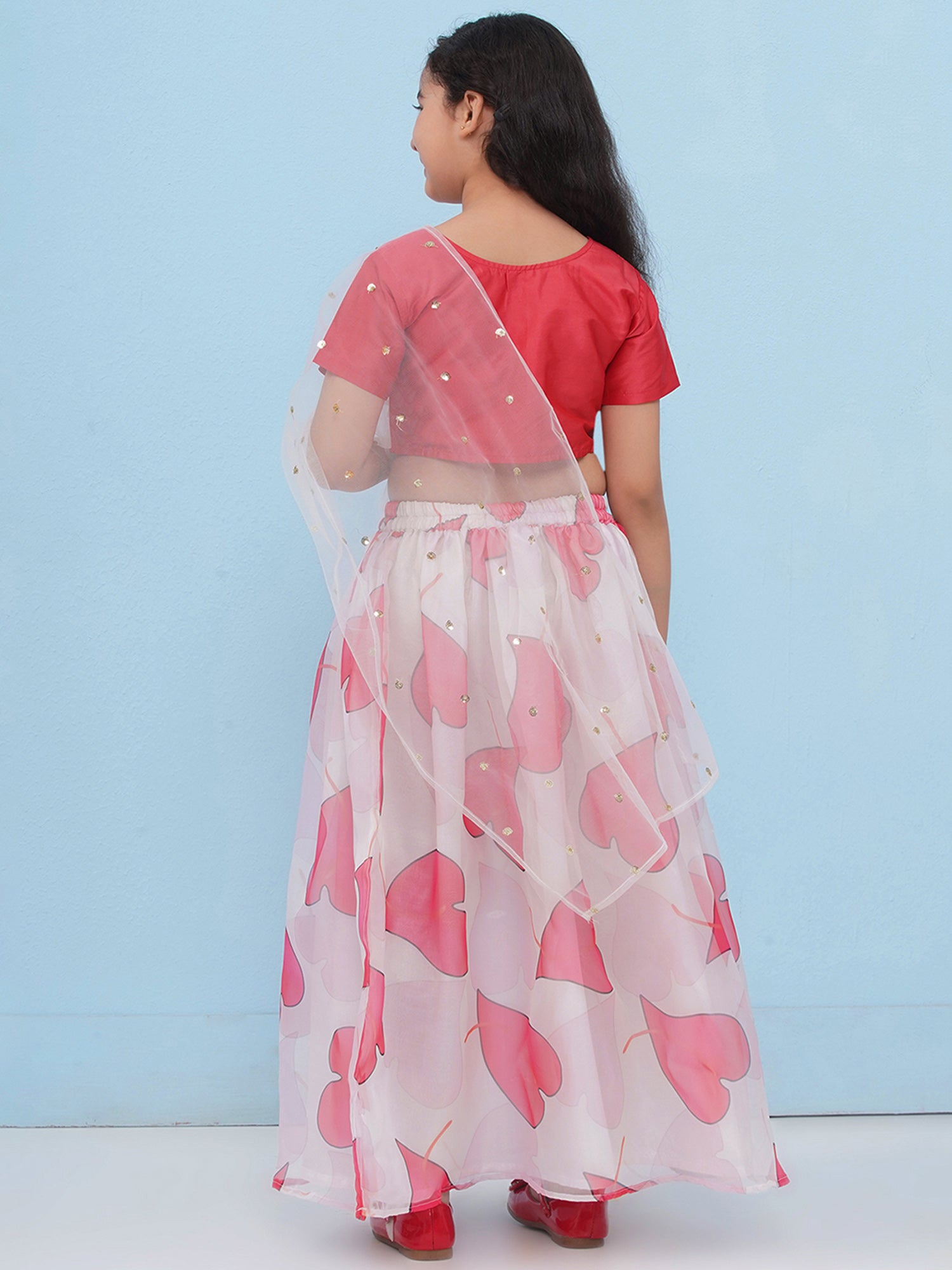 Red Organza Half Sleeves Floral Print Lehenga Choli For Girls - AJ Dezines