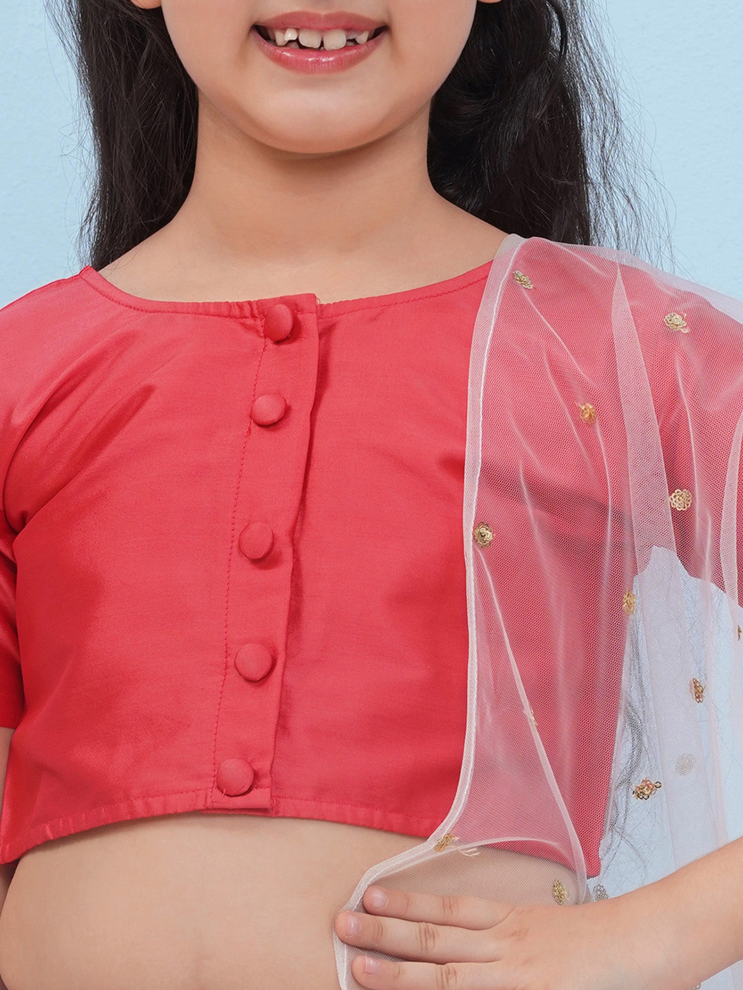 Red Organza Half Sleeves Floral Print Lehenga Choli For Girls - AJ Dezines