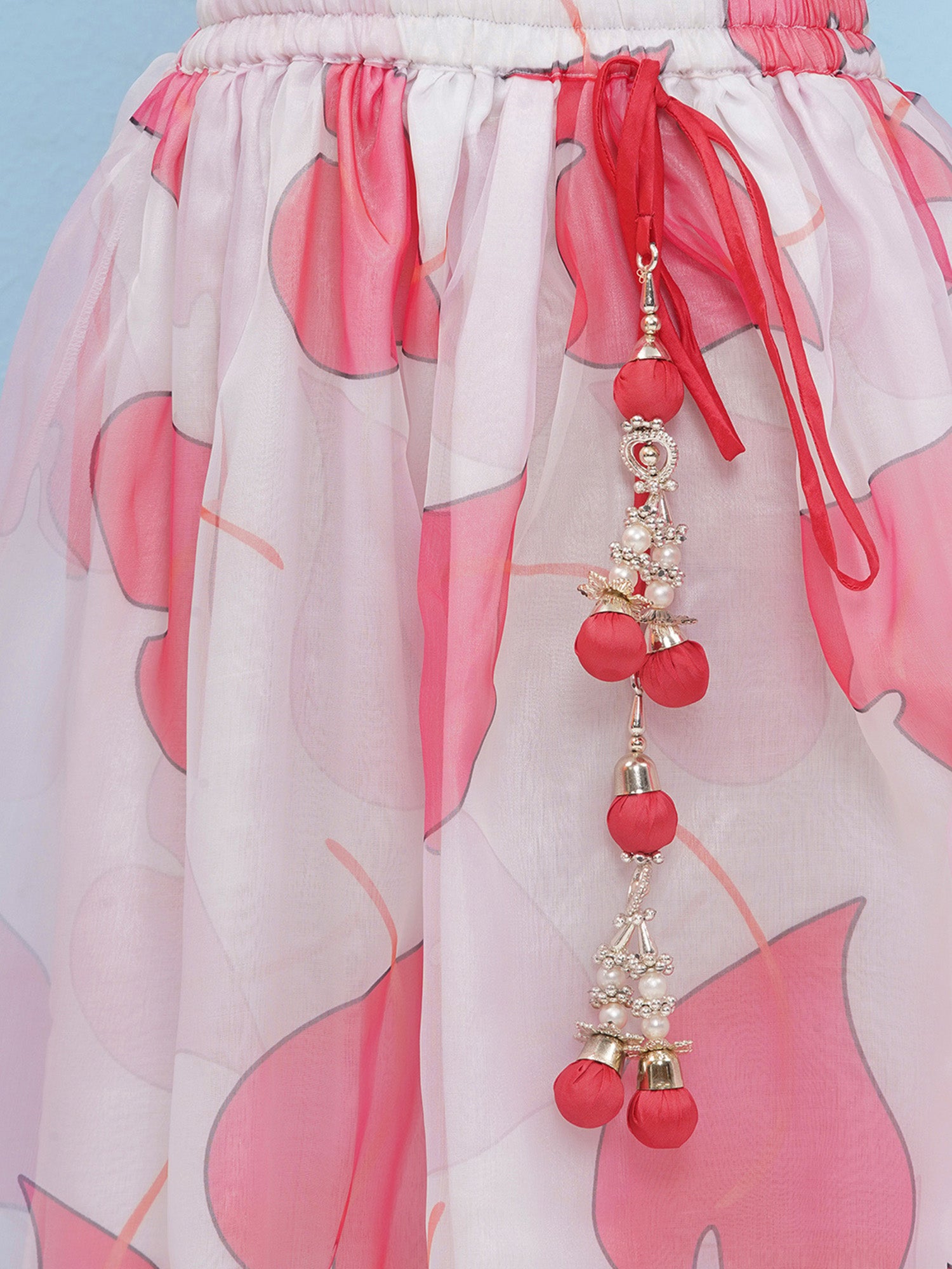 Red Organza Half Sleeves Floral Print Lehenga Choli For Girls - AJ Dezines