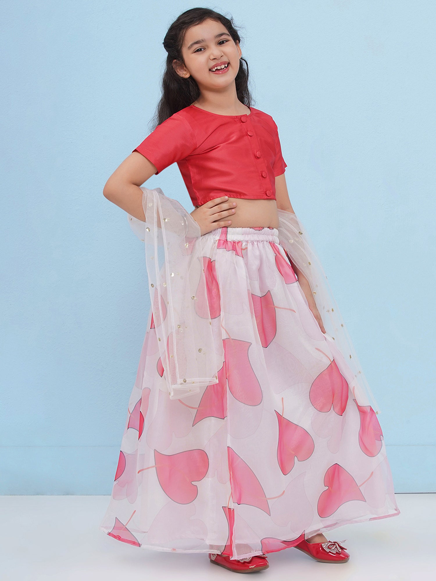 Red Organza Half Sleeves Floral Print Lehenga Choli For Girls - AJ Dezines