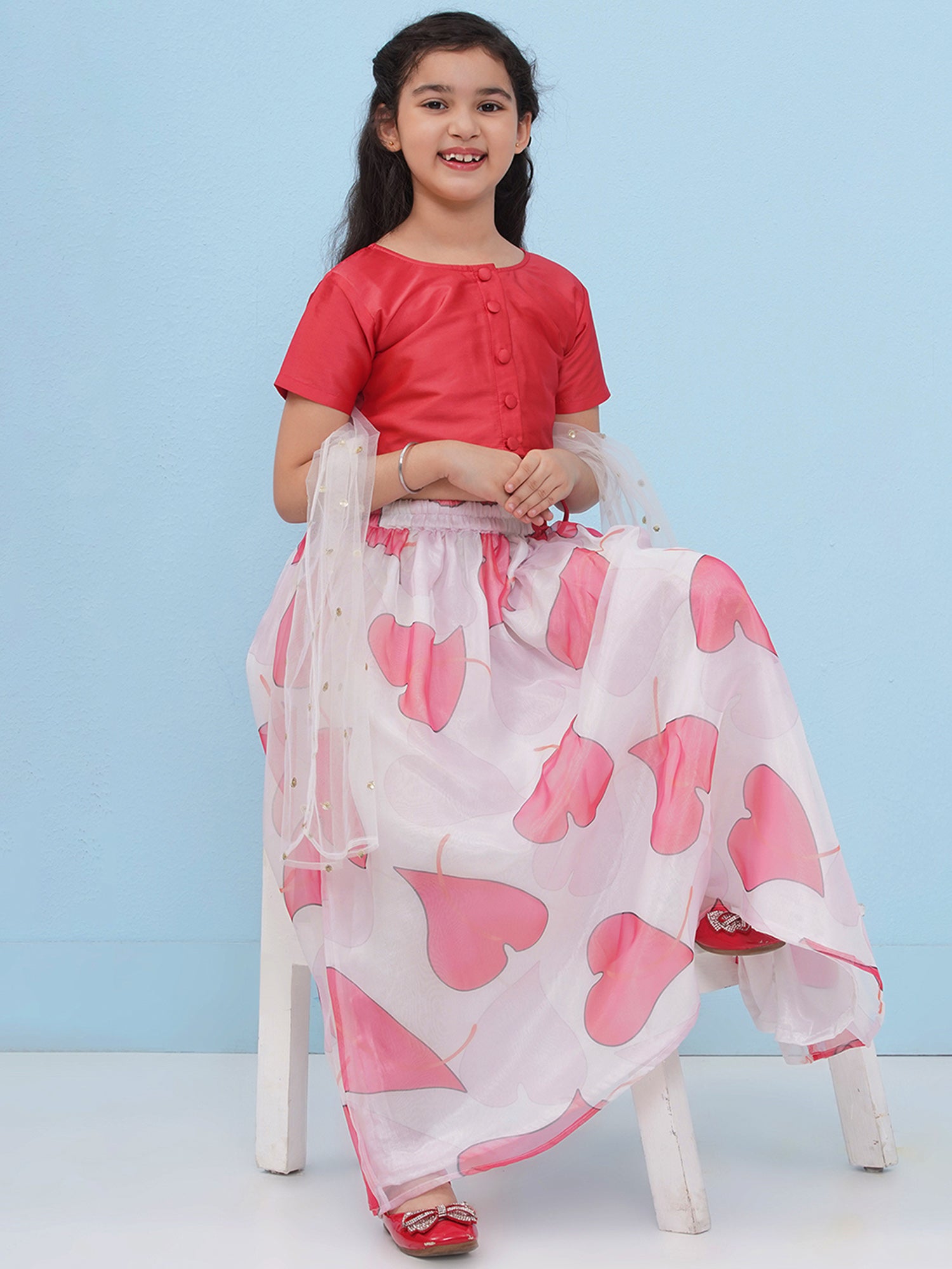 Red Organza Half Sleeves Floral Print Lehenga Choli For Girls - AJ Dezines