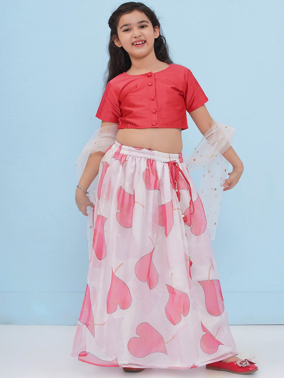 RED Organza Half Sleeves Floral Print Lehenga Choli for Girls