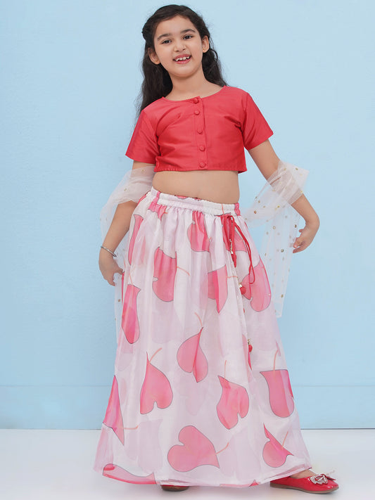 Aj Dezines Red Organza Half Sleeves Floral Print Lehenga Choli For Girls
