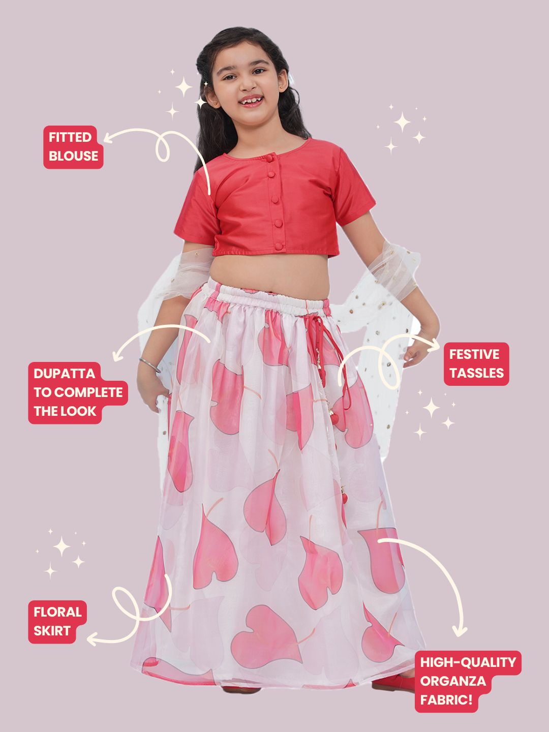 RED Organza Half Sleeves Floral Print Lehenga Choli for Girls