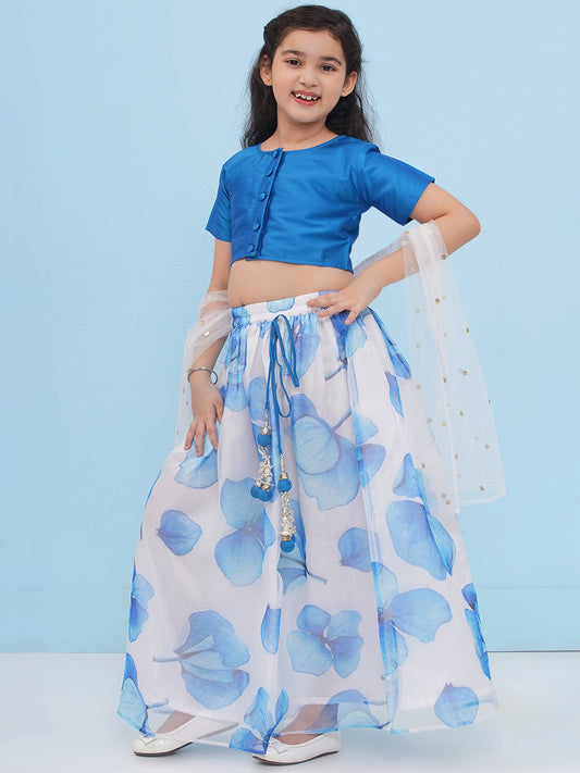 BLUE Organza Half Sleeves Floral Print Lehenga Choli for Girls