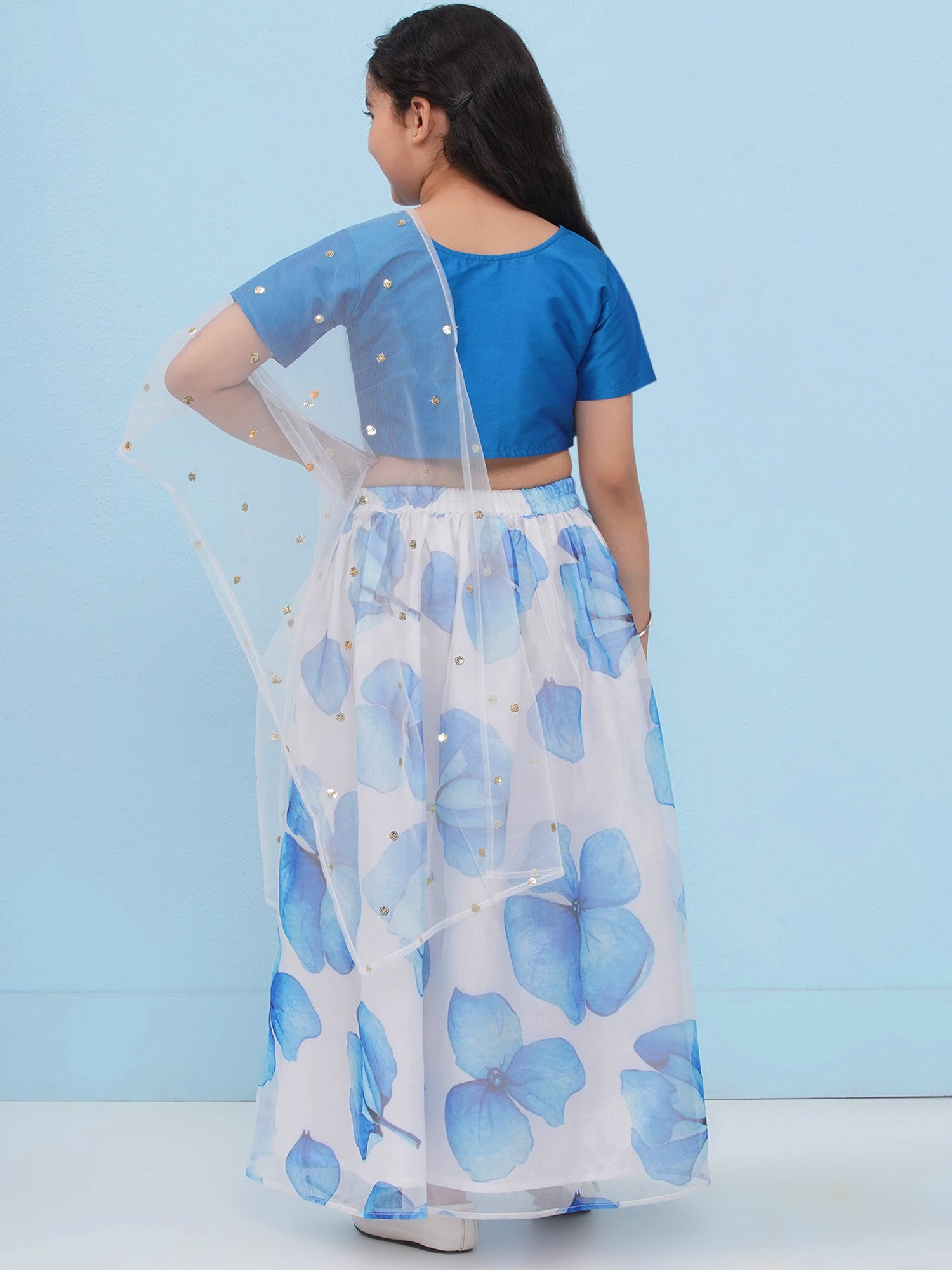 Blue Organza Half Sleeves Floral Print Lehenga Choli For Girls - AJ Dezines