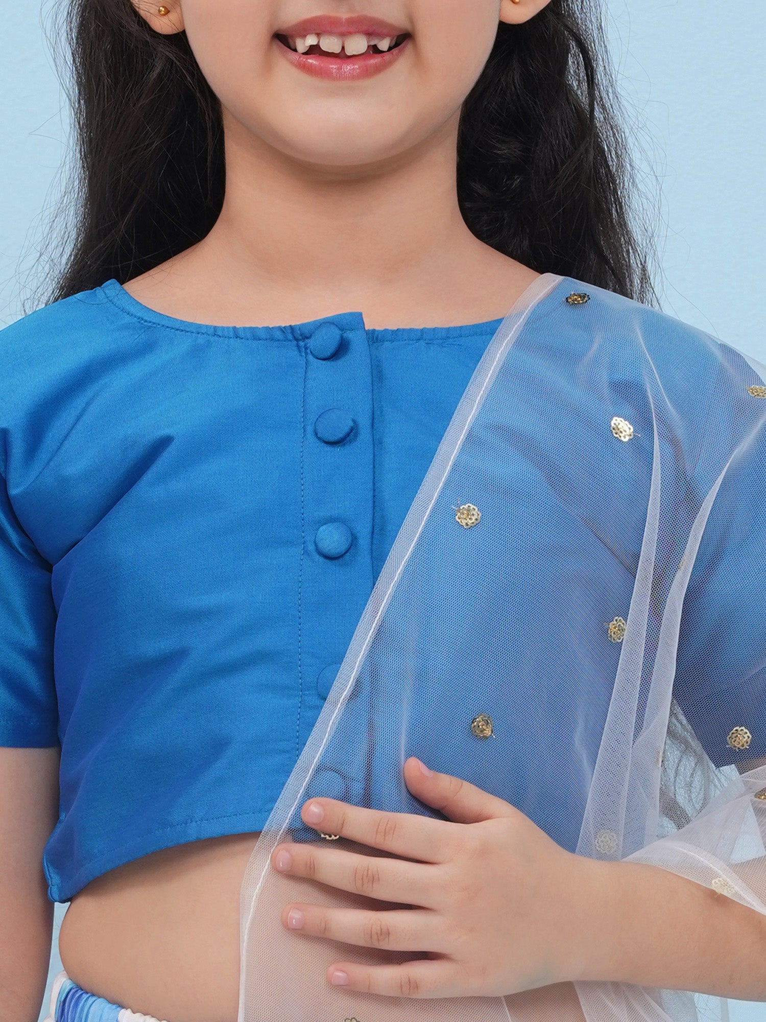 Blue Organza Half Sleeves Floral Print Lehenga Choli For Girls - AJ Dezines