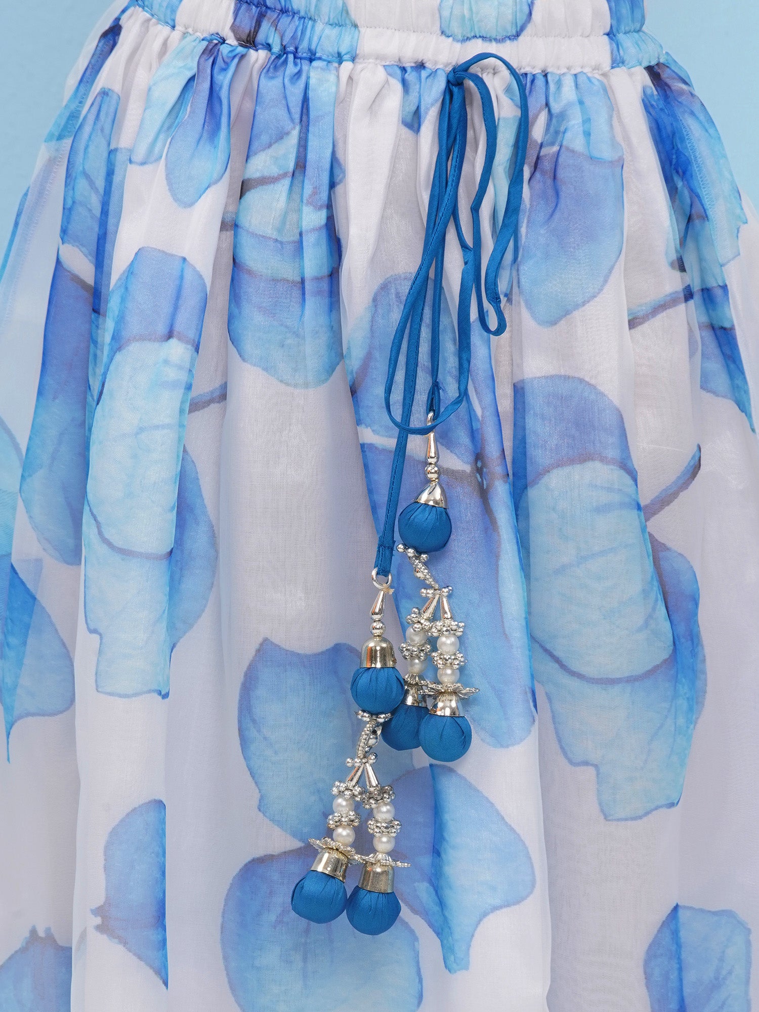 Blue Organza Half Sleeves Floral Print Lehenga Choli For Girls - AJ Dezines