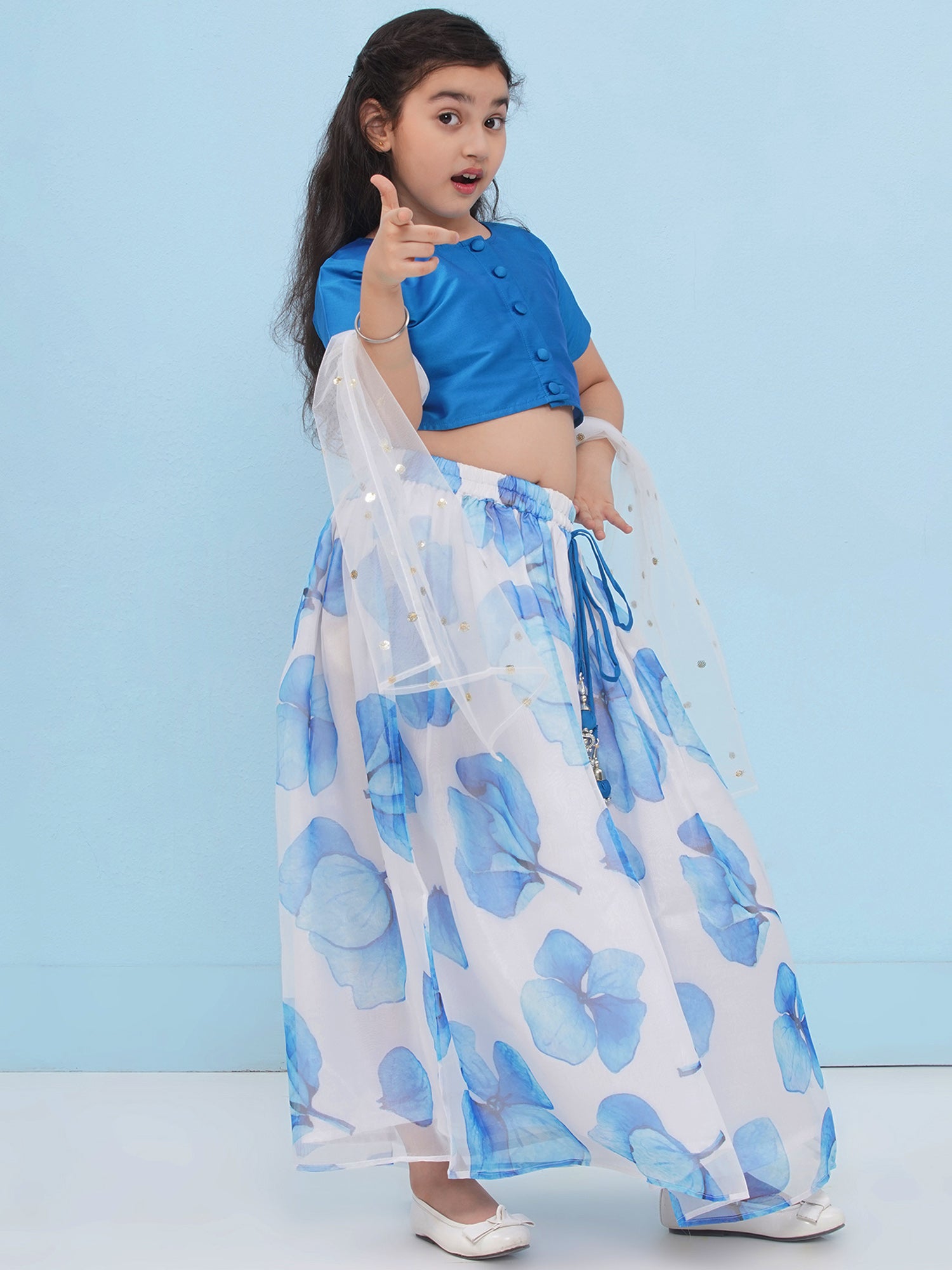 Blue Organza Half Sleeves Floral Print Lehenga Choli For Girls - AJ Dezines