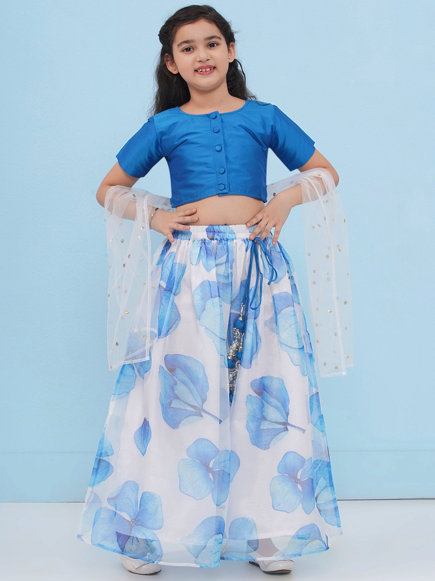 Blue Organza Half Sleeves Floral Print Lehenga Choli For Girls - AJ Dezines