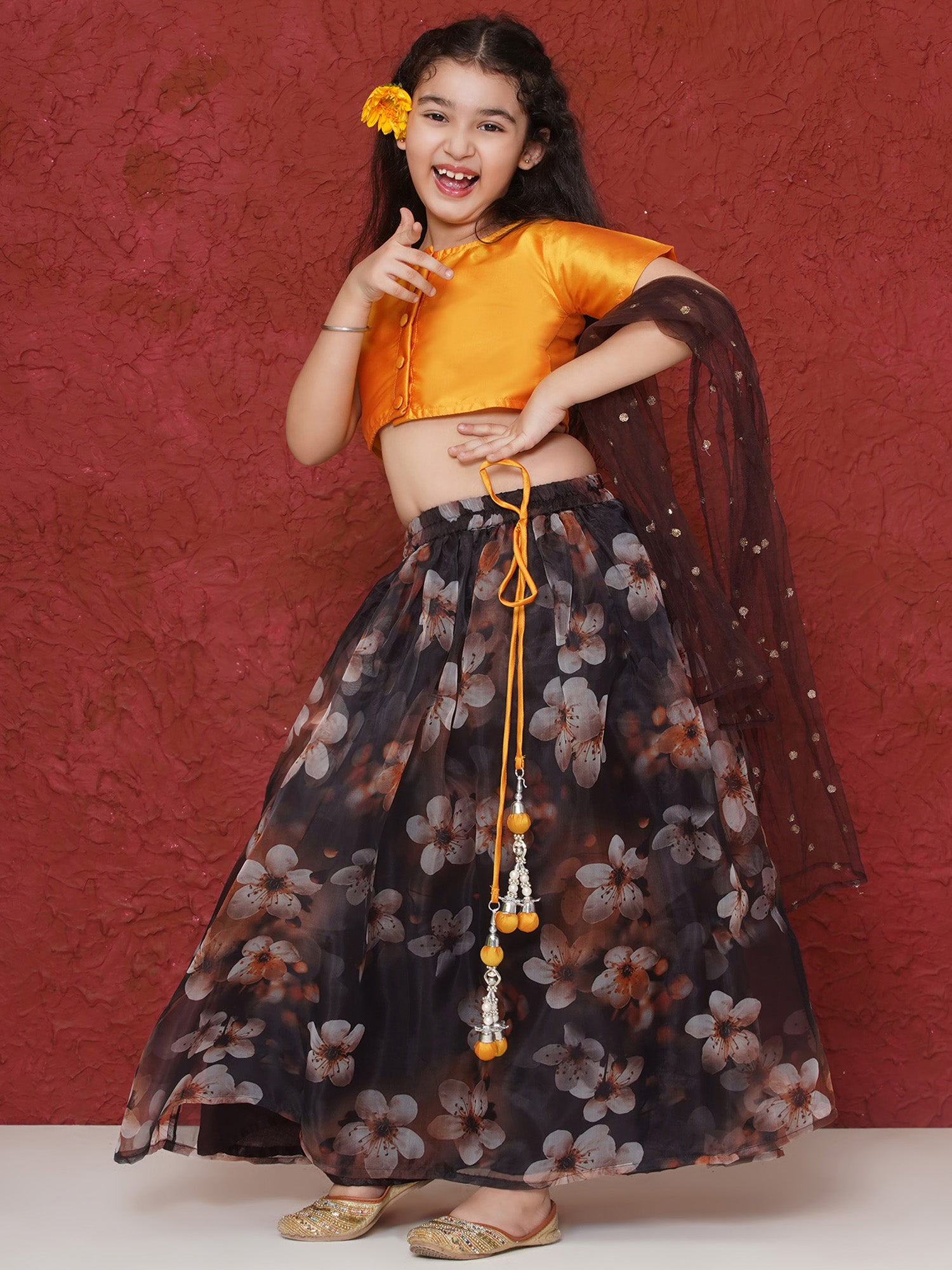 Yellow Organza Half Sleeves Floral Print Lehenga Choli For Girls