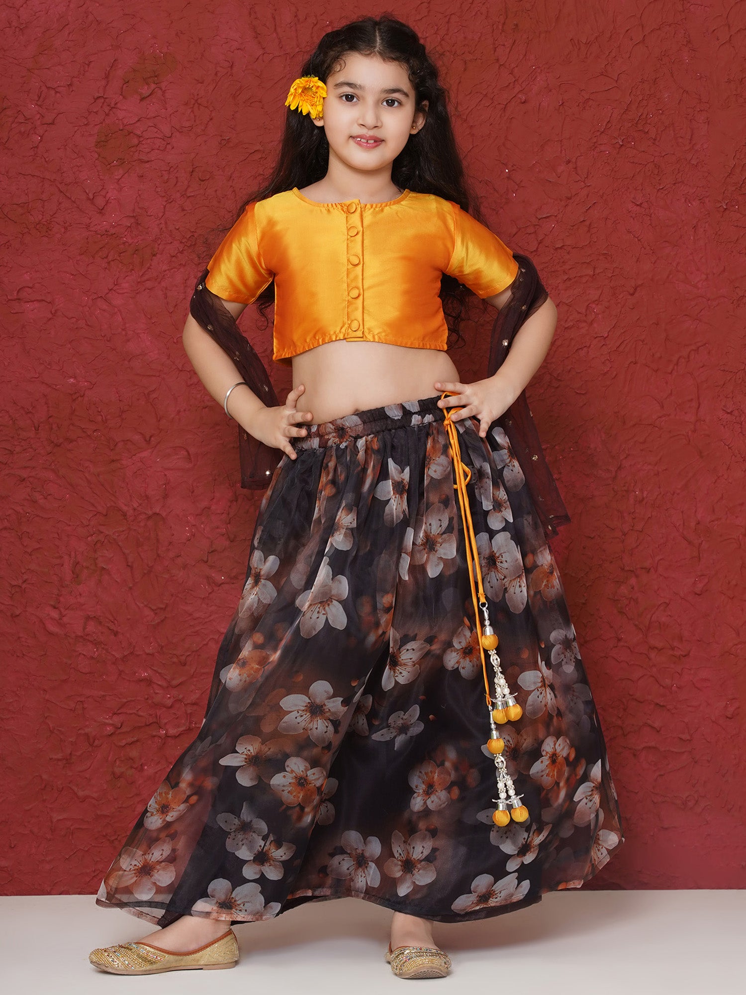 Yellow Organza Half Sleeves Floral Print Lehenga Choli For Girls
