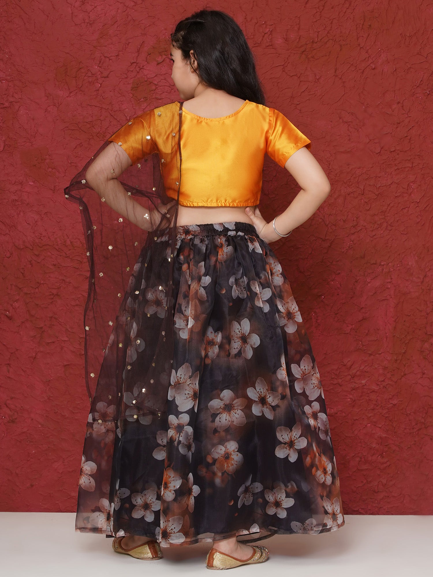 Yellow Organza Half Sleeves Floral Print Lehenga Choli For Girls