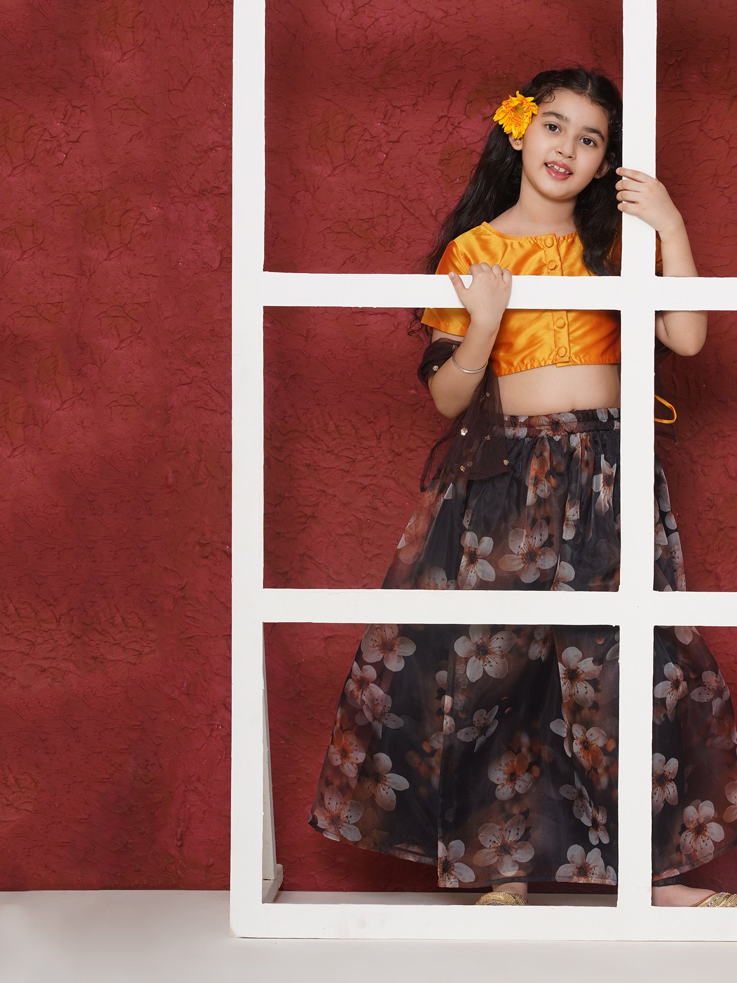Yellow Organza Half Sleeves Floral Print Lehenga Choli For Girls