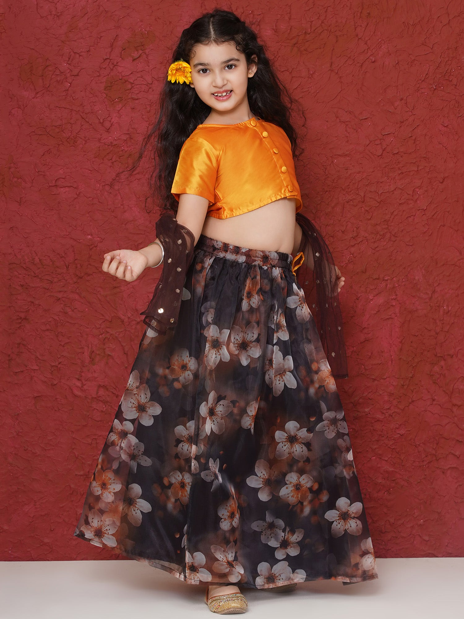 Yellow Organza Half Sleeves Floral Print Lehenga Choli For Girls