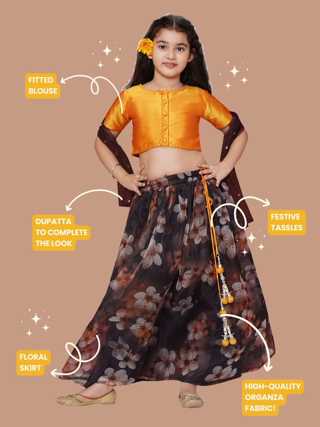 YELLOW Organza Half Sleeves Floral Print Lehenga Choli for Girls