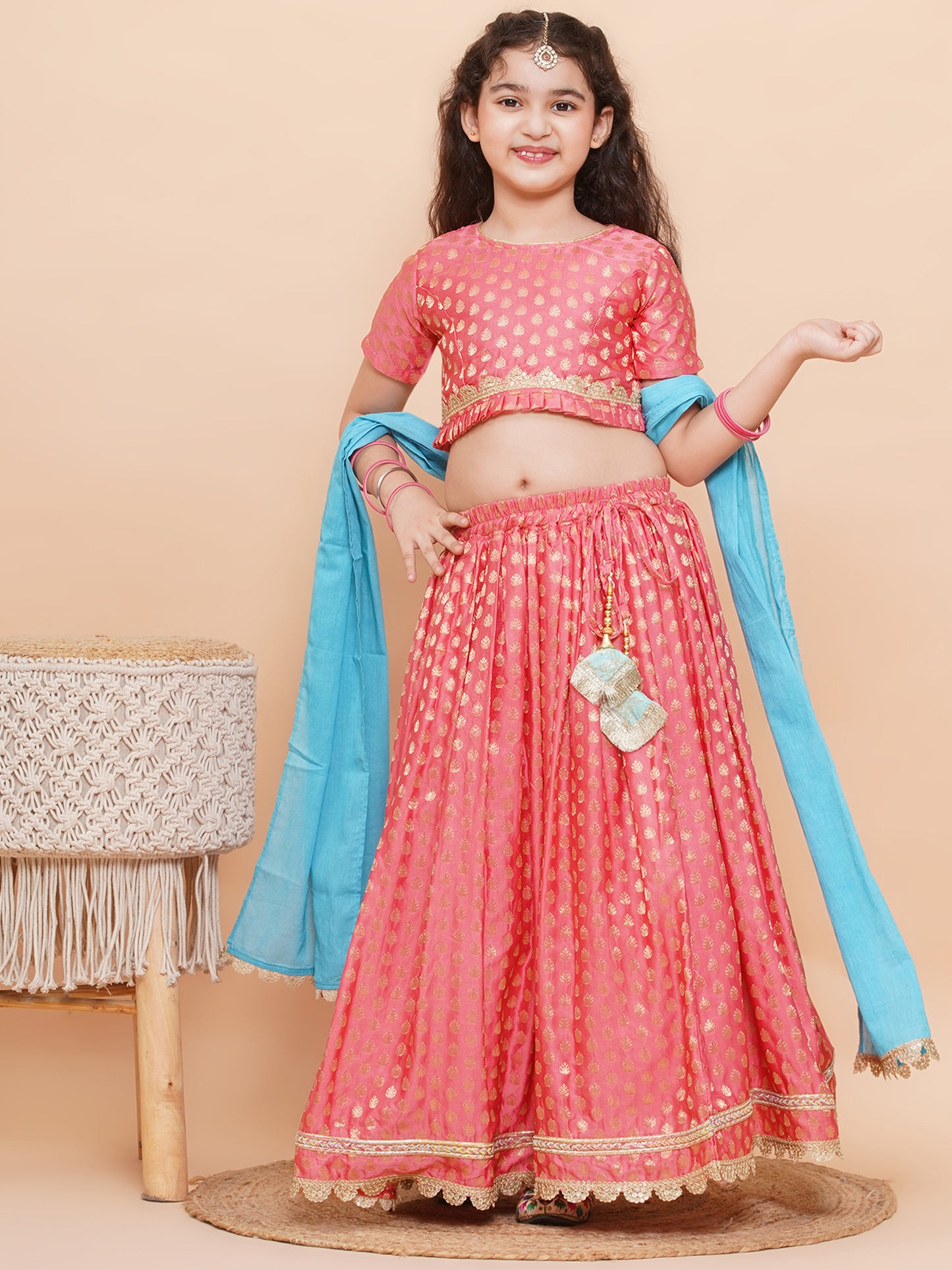 Aj Dezines Peach Poly Chanderi Half Sleeves Motif Print Lehenga Choli For Girls
