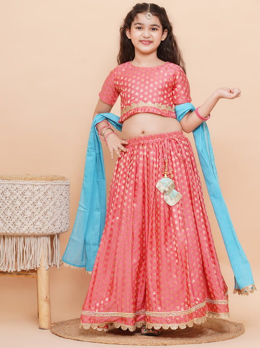 Aj Dezines Peach Poly Chanderi Half Sleeves Motif Print Lehenga Choli For Girls